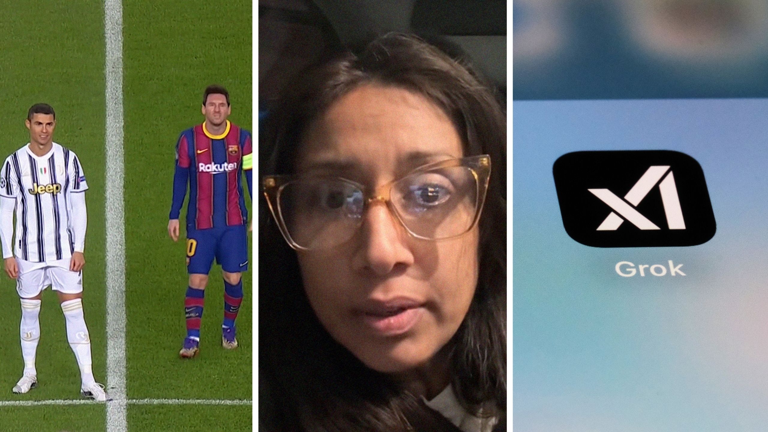 messi and ronaldo (l) woman shares kids debate (c) grok app (r)