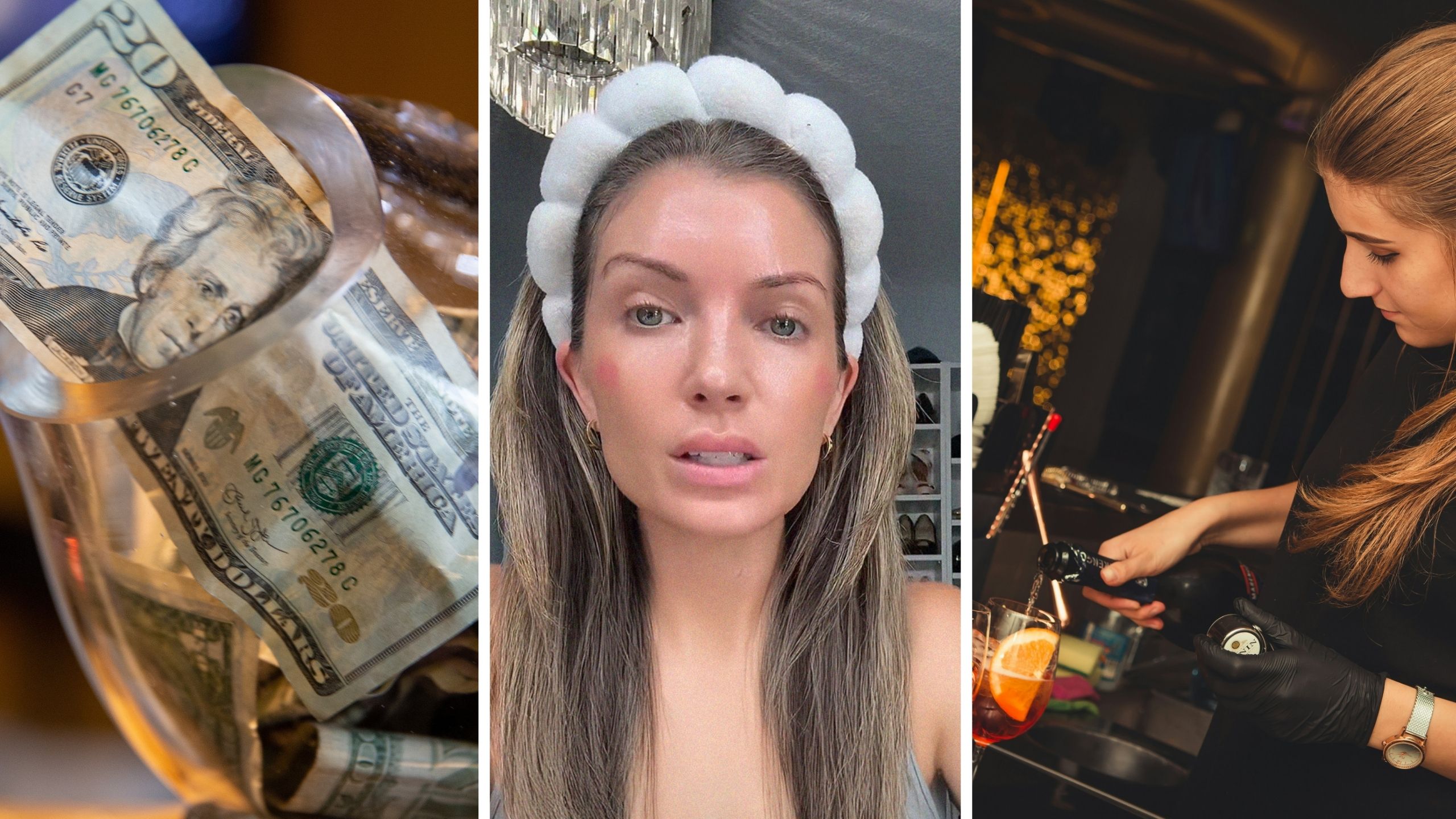 cash tip (l) woman shares work story (c) female bartender (r)