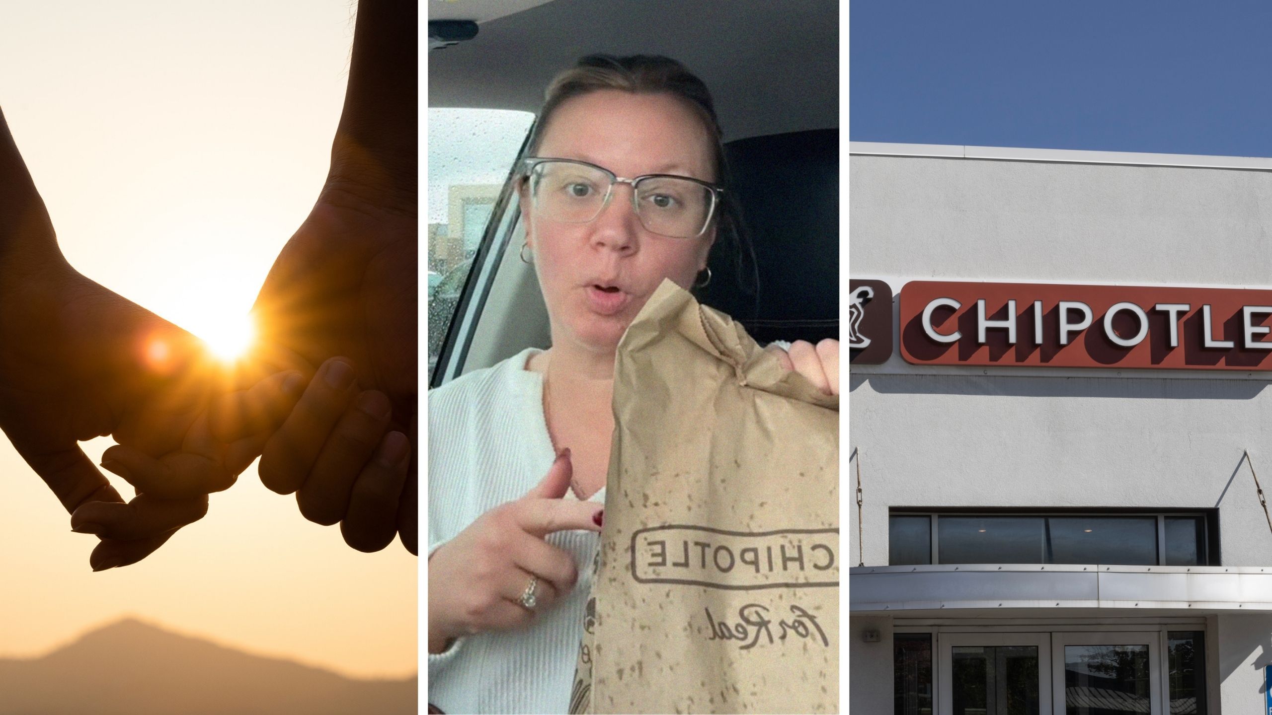 right fit hands (l) woman shares chipotle experience (c) chipotle store front (r)