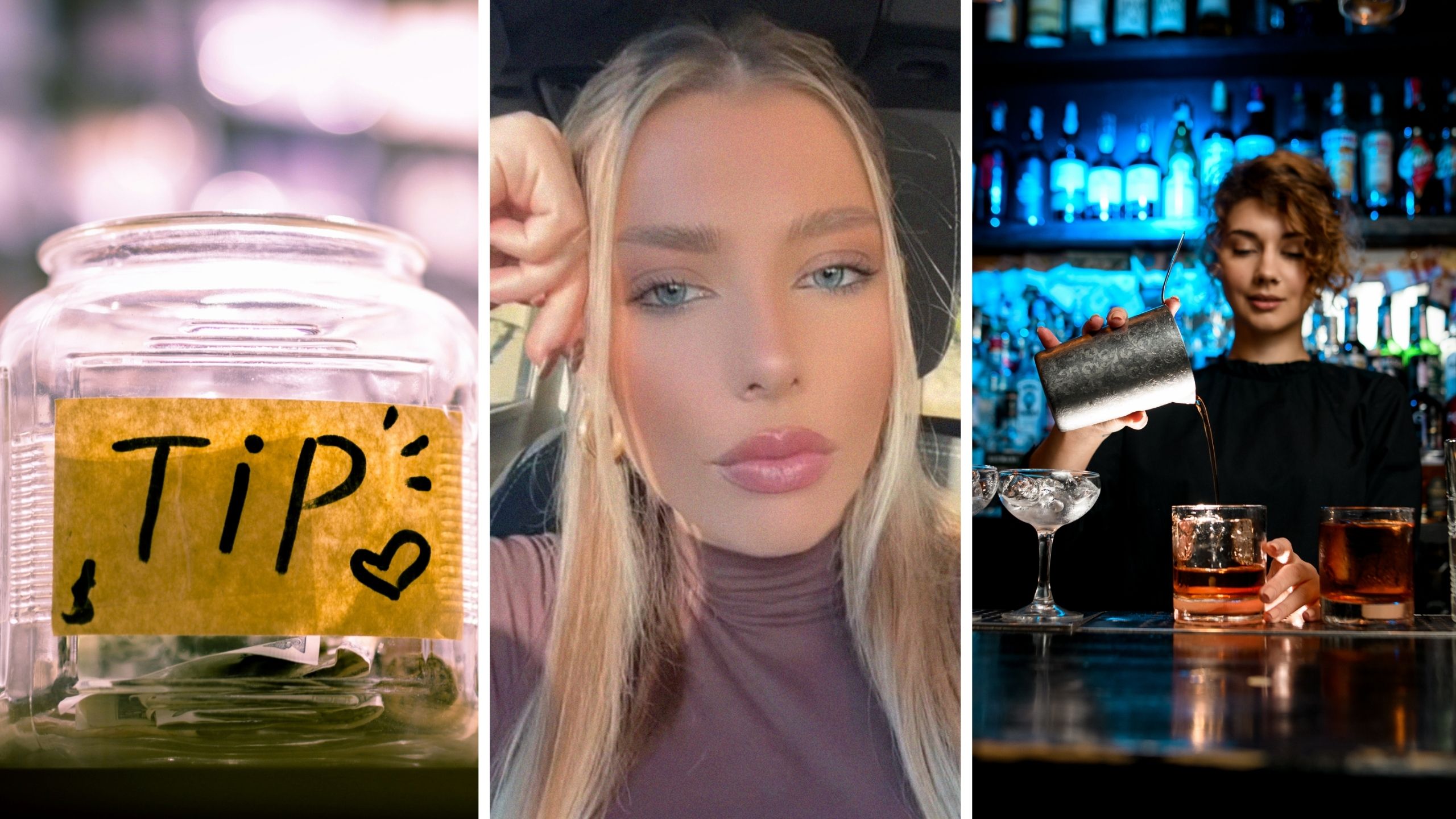tip jar (l) woman shares work hacks (c) bartender (r)
