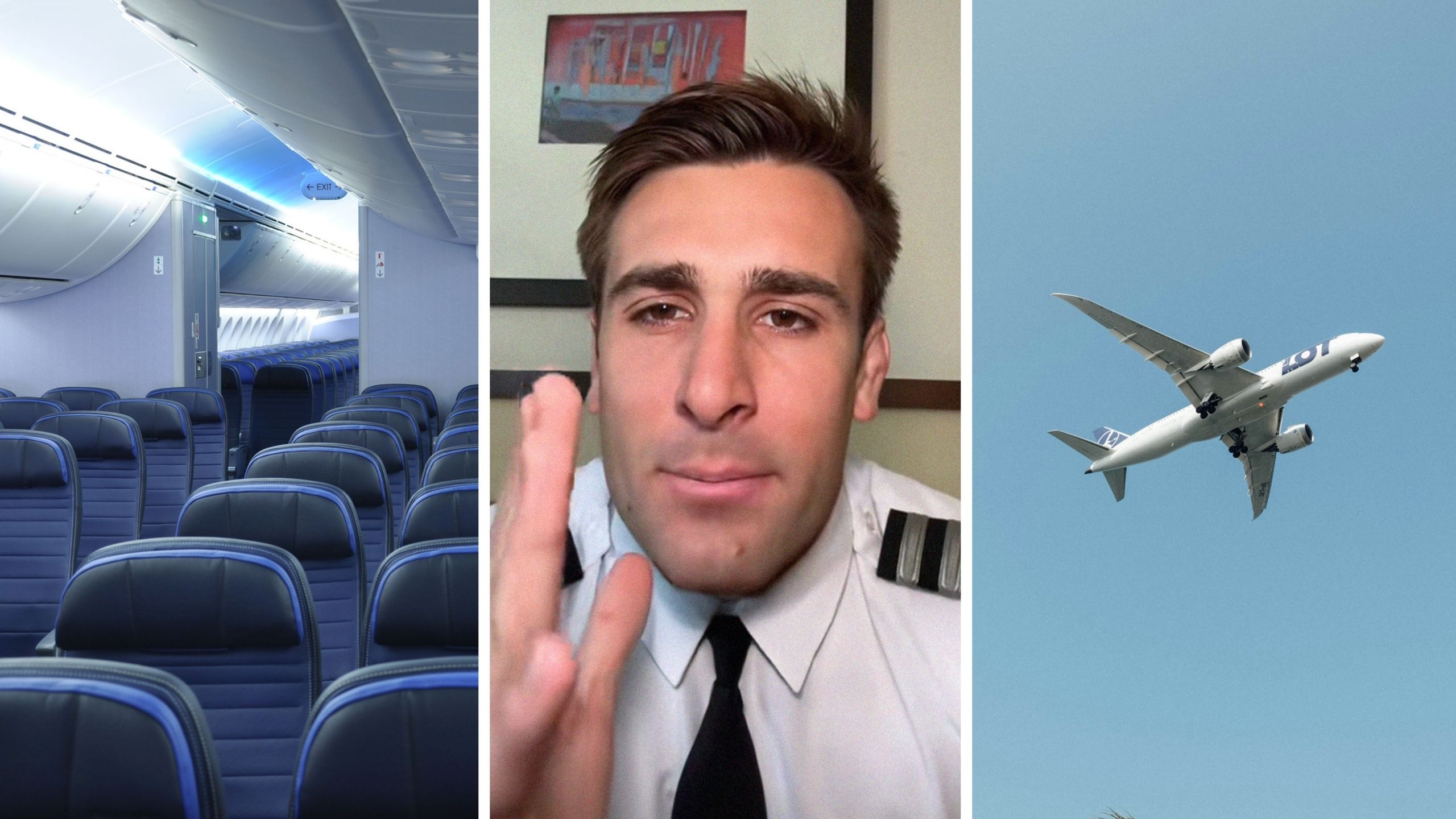 flight seats (l) pilot shares flying tips (c) flying plane (r)