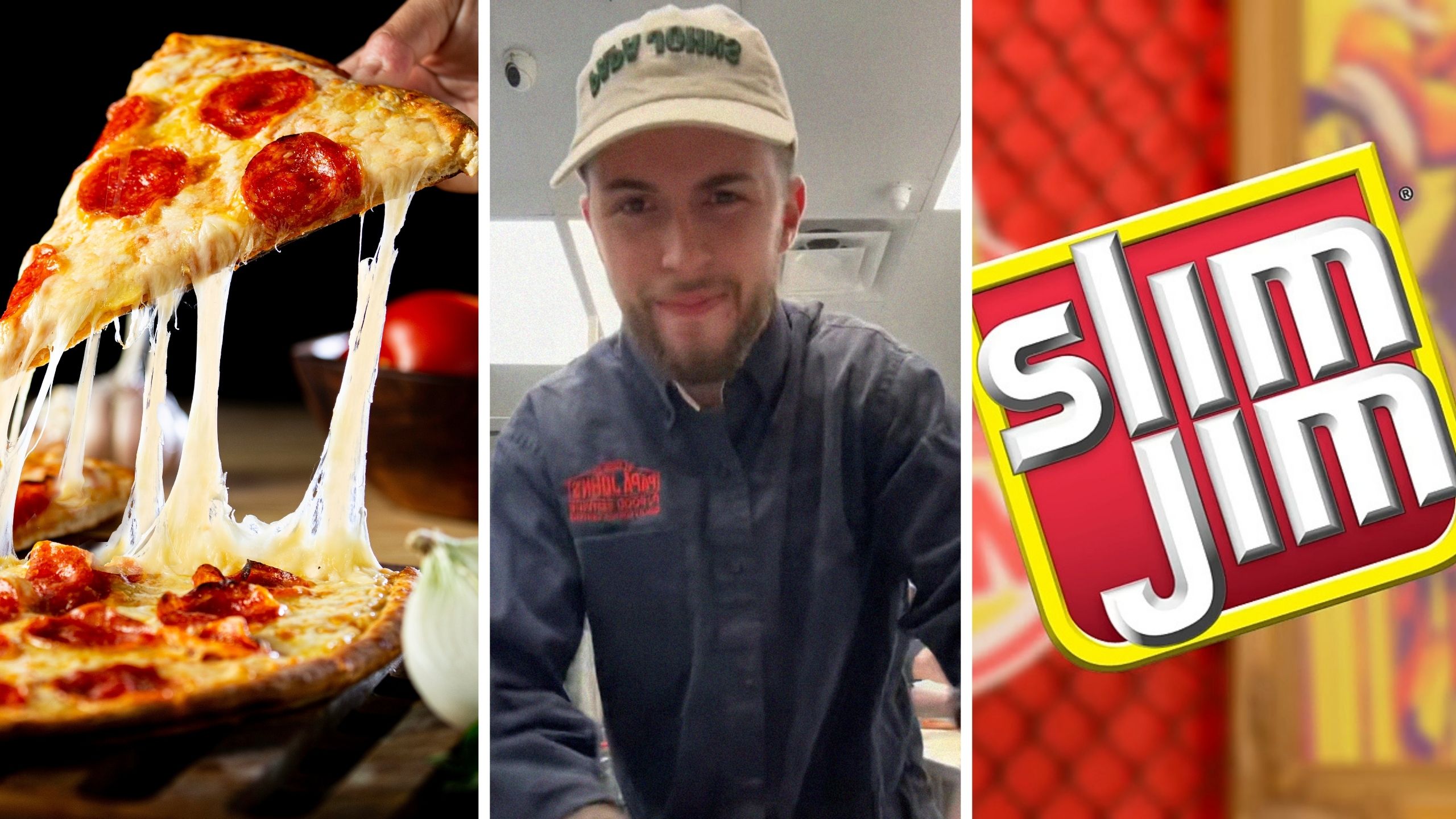 cheesy pizza (l) pizza maker (c) slim jim logo (r)