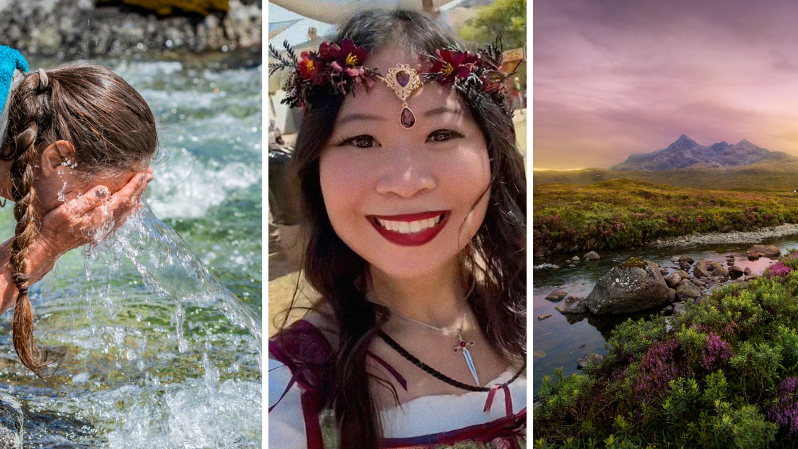 woman washing face (l) woman shares her adventures (c) scotland river (r)