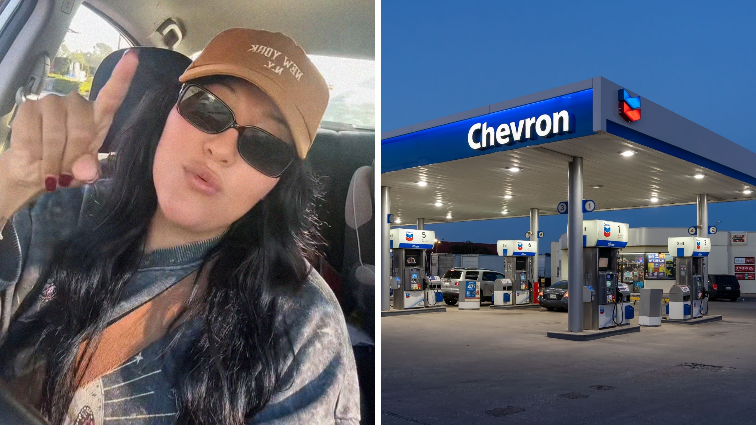 woman shares broke tips (l) chevron gas station (r)