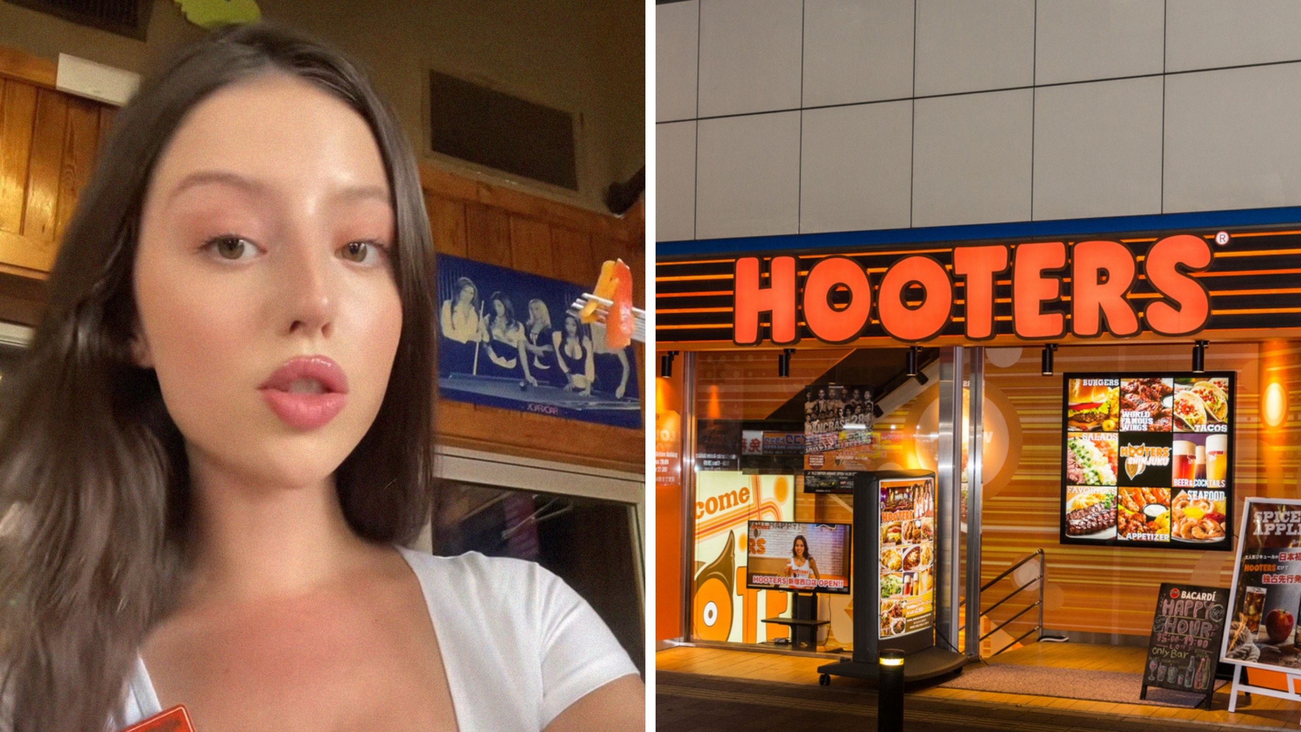woman shares work issues (l) hooters restaurant (r)
