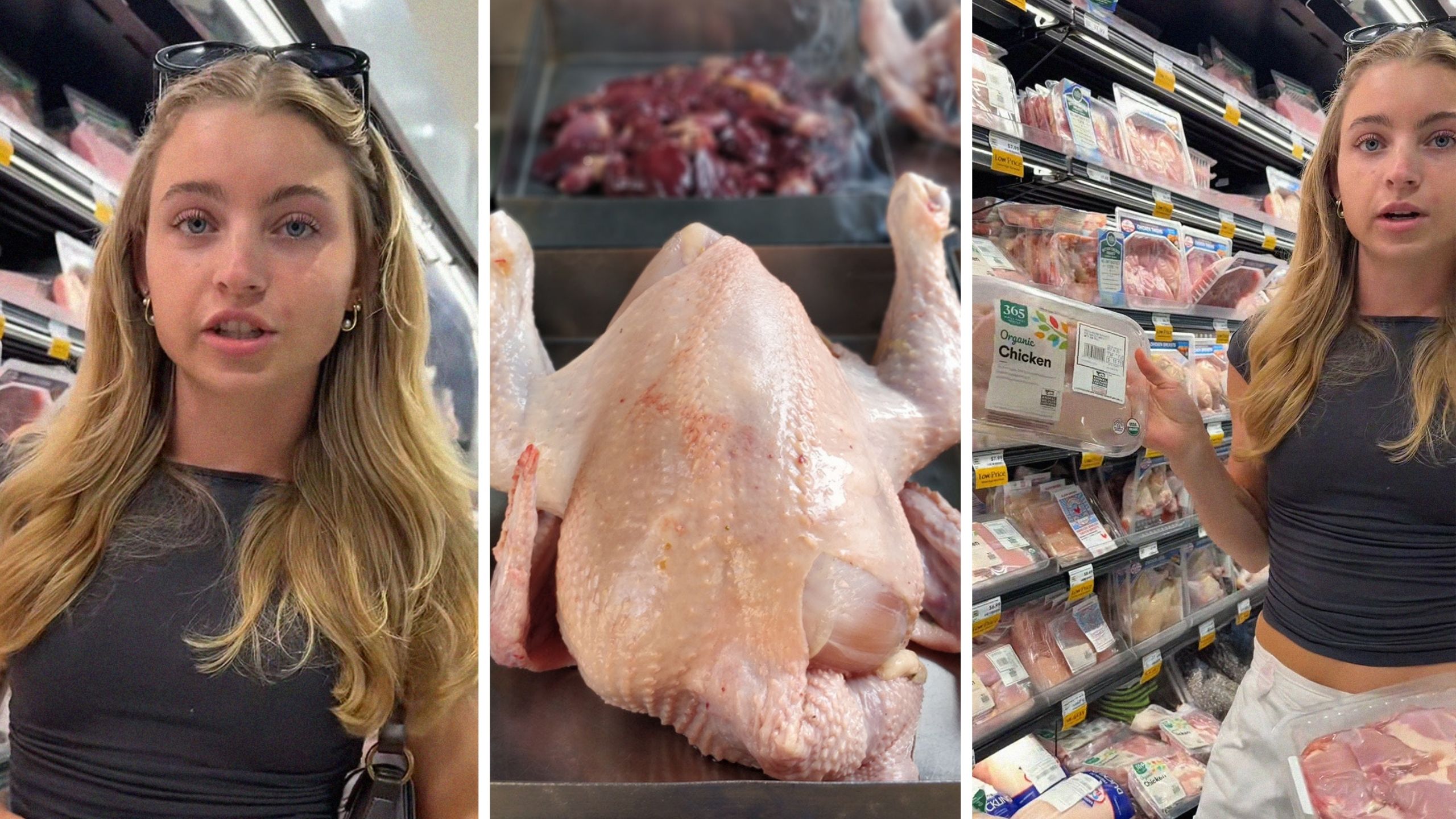 woman shares chicken tips (l) fresh chicken (c) woman holding up chicken pack (r)