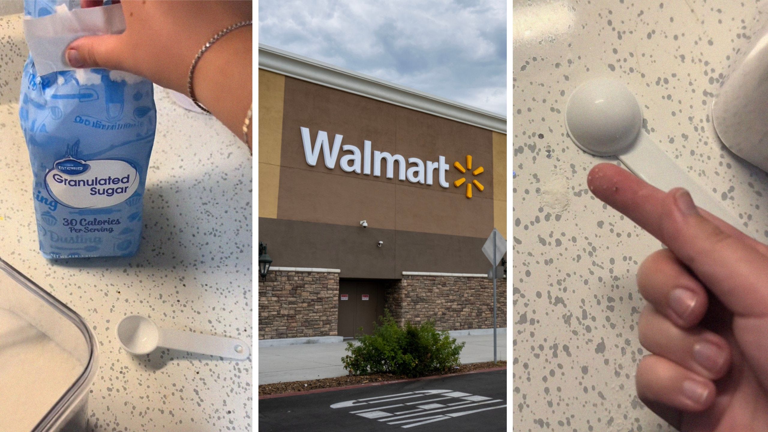 great value sugar (l) walmart store front (c) finger with sugar and bug (r)