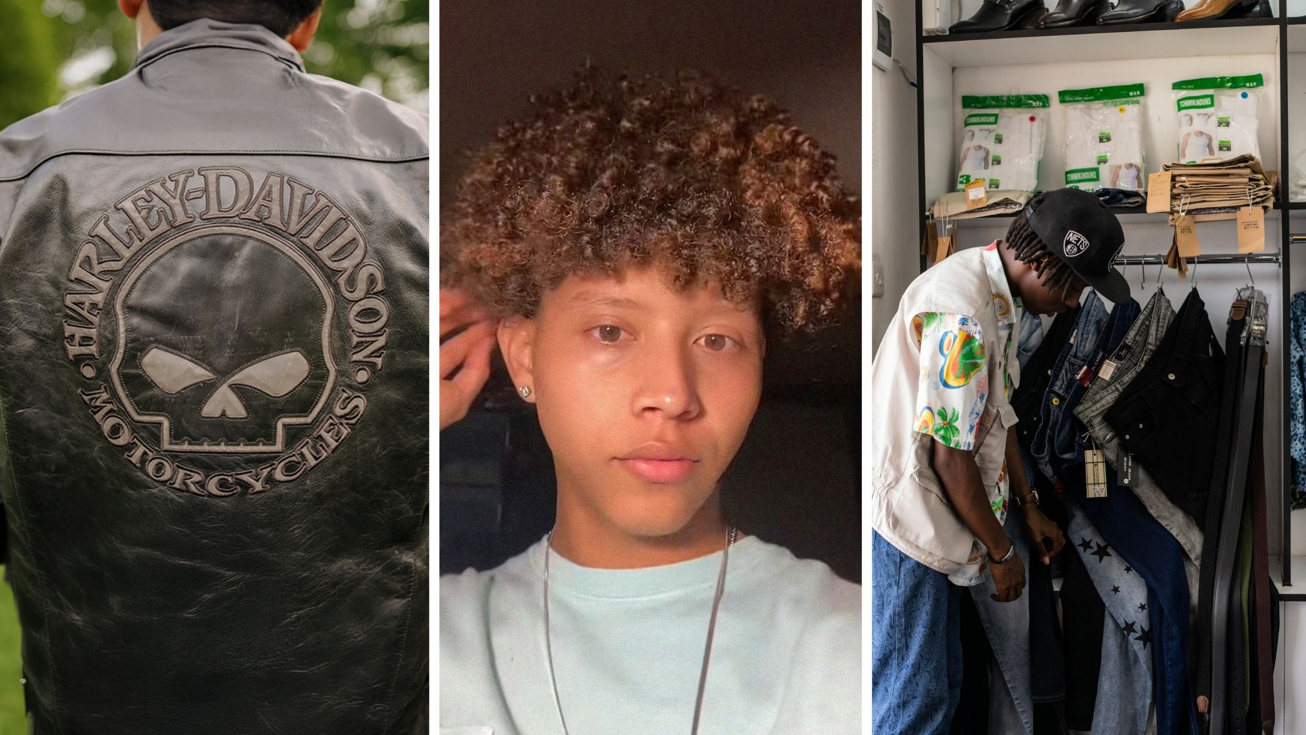 leather jacket (l) man shares shopping experience (c) man thrifting (r)