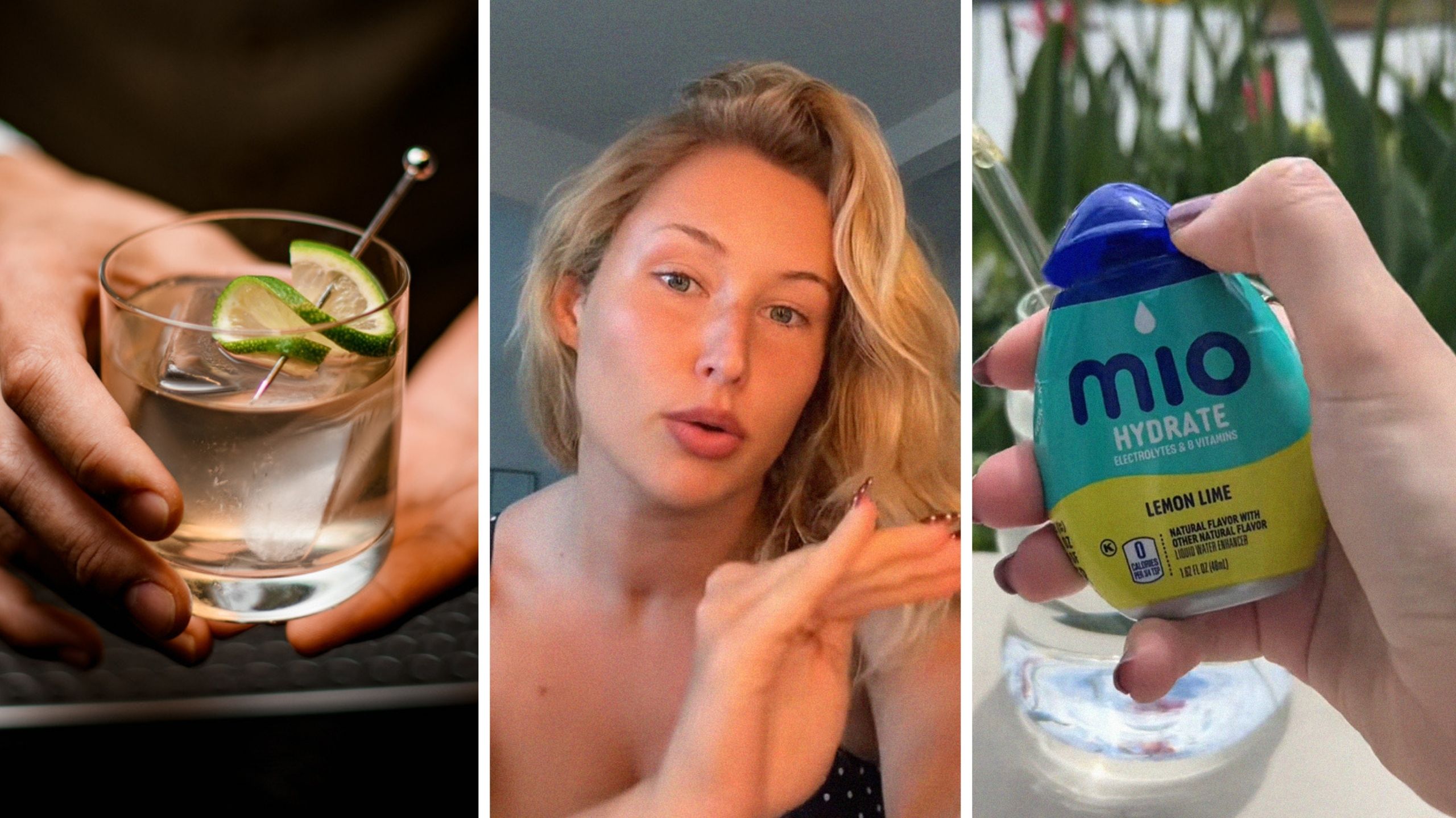 vodka drink (l) woman shares drink hack (c) mio drink (r)