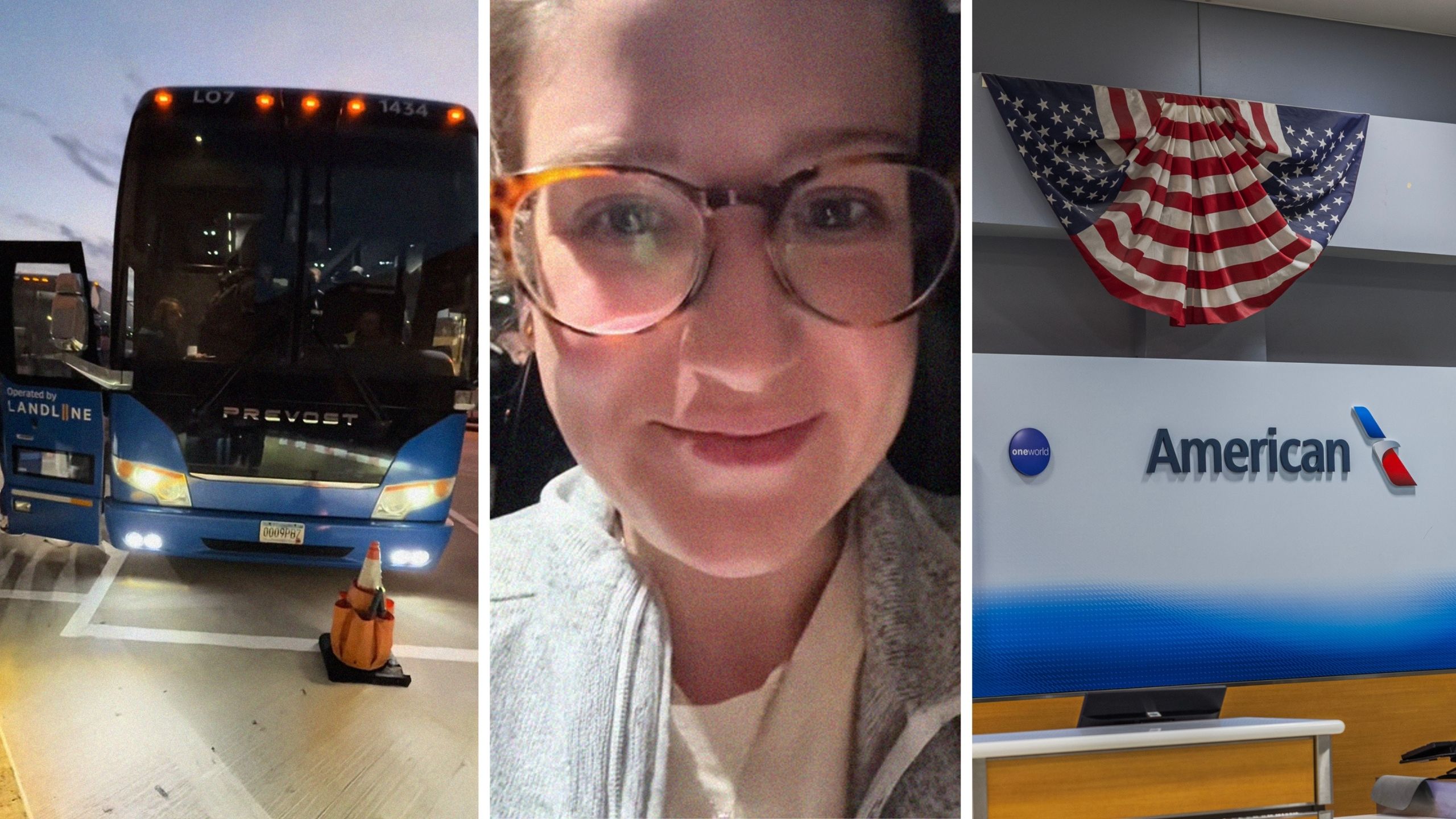 bus (l) woman shares american airline experience (c) american airline counter (r)
