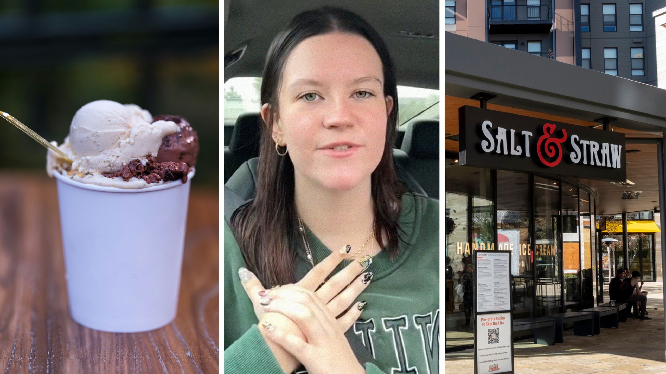 ice cream (l) woman shares ice cream issue (c) salt and straw store (r)
