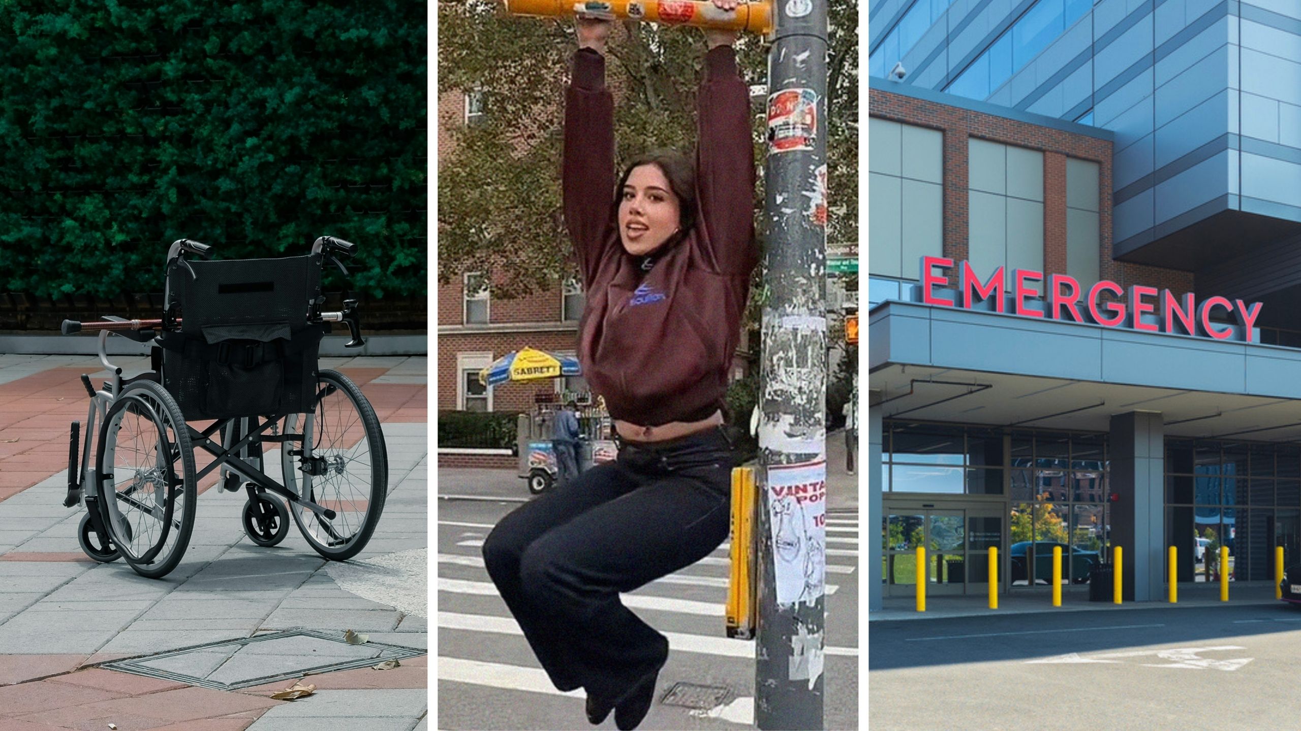 wheelchair (l) woman hanging from post (c) emergency sign (r)