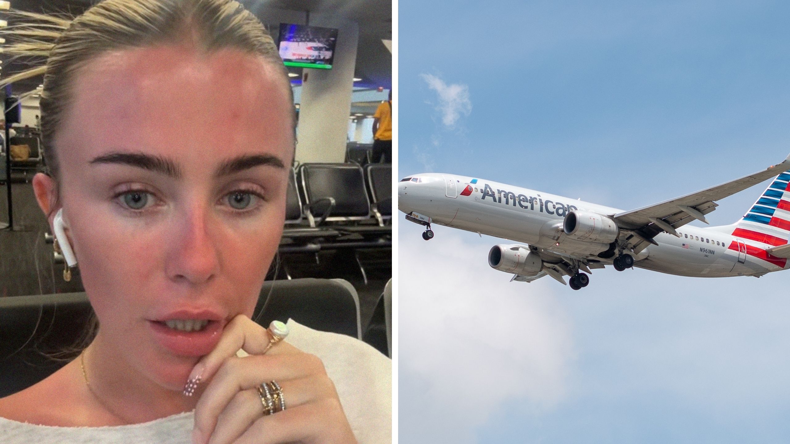 woman shares american airline experience (l) american airline plane (r)