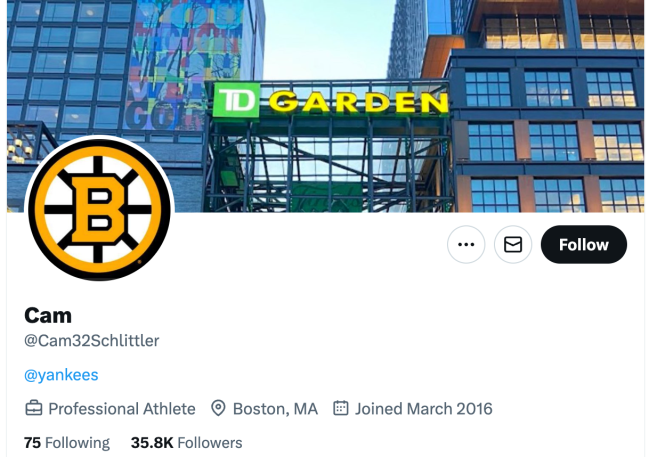Cam Schittler Bruins Twitter profile