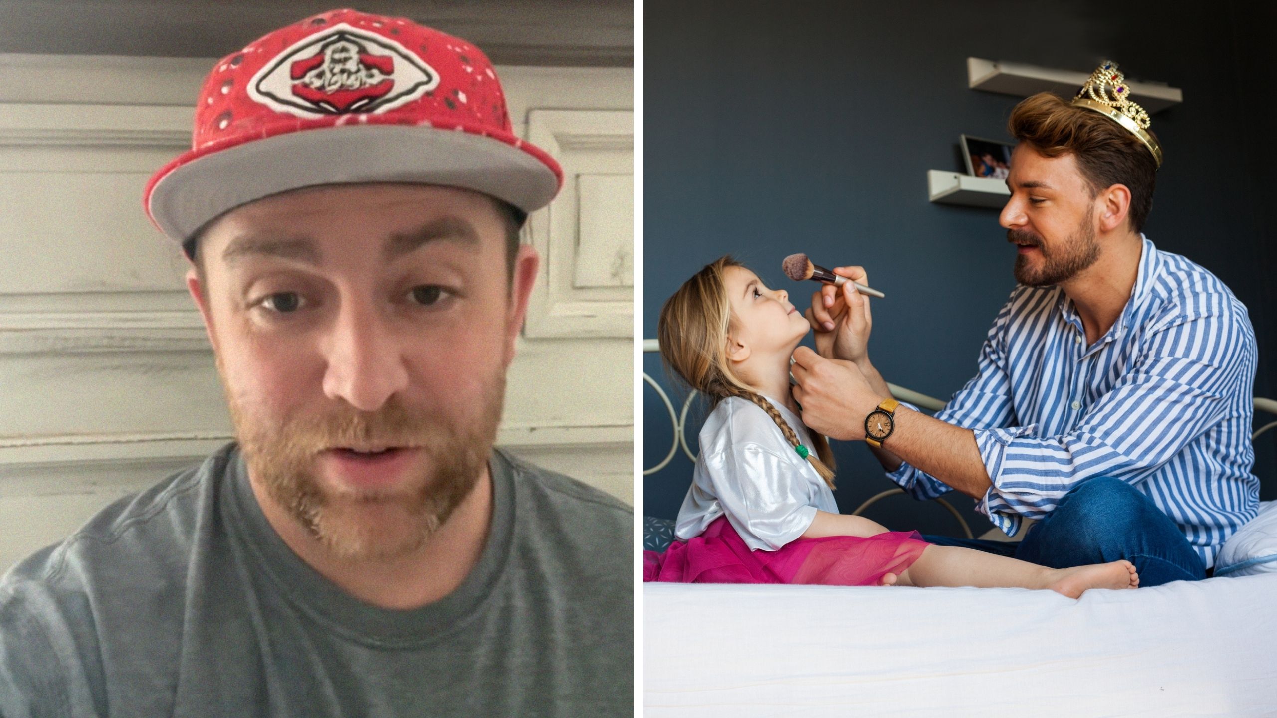 man shares how he does make-up (l) dad painting his daughters face (r)