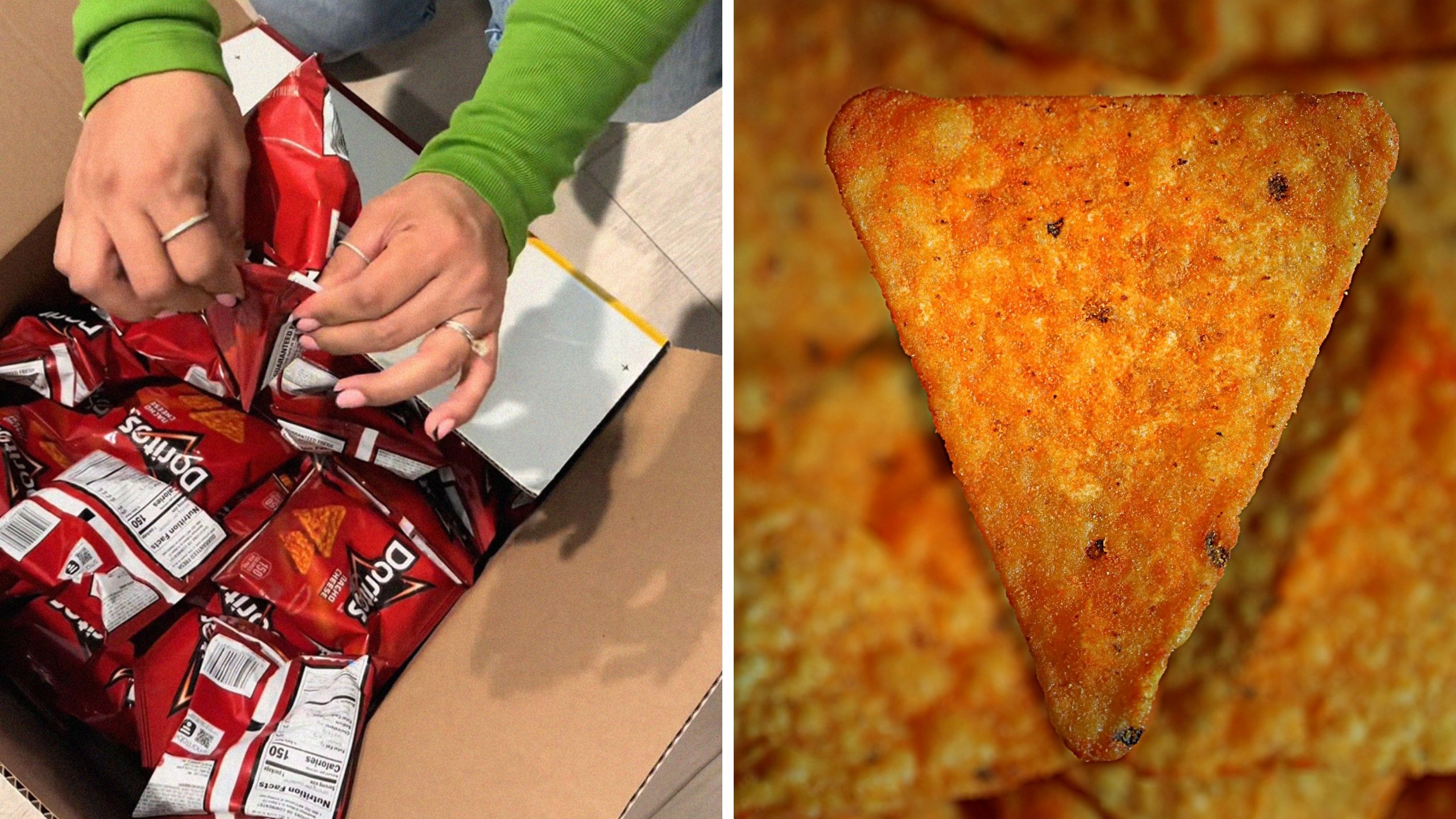 opening chips bags (l) dorito chip (r)