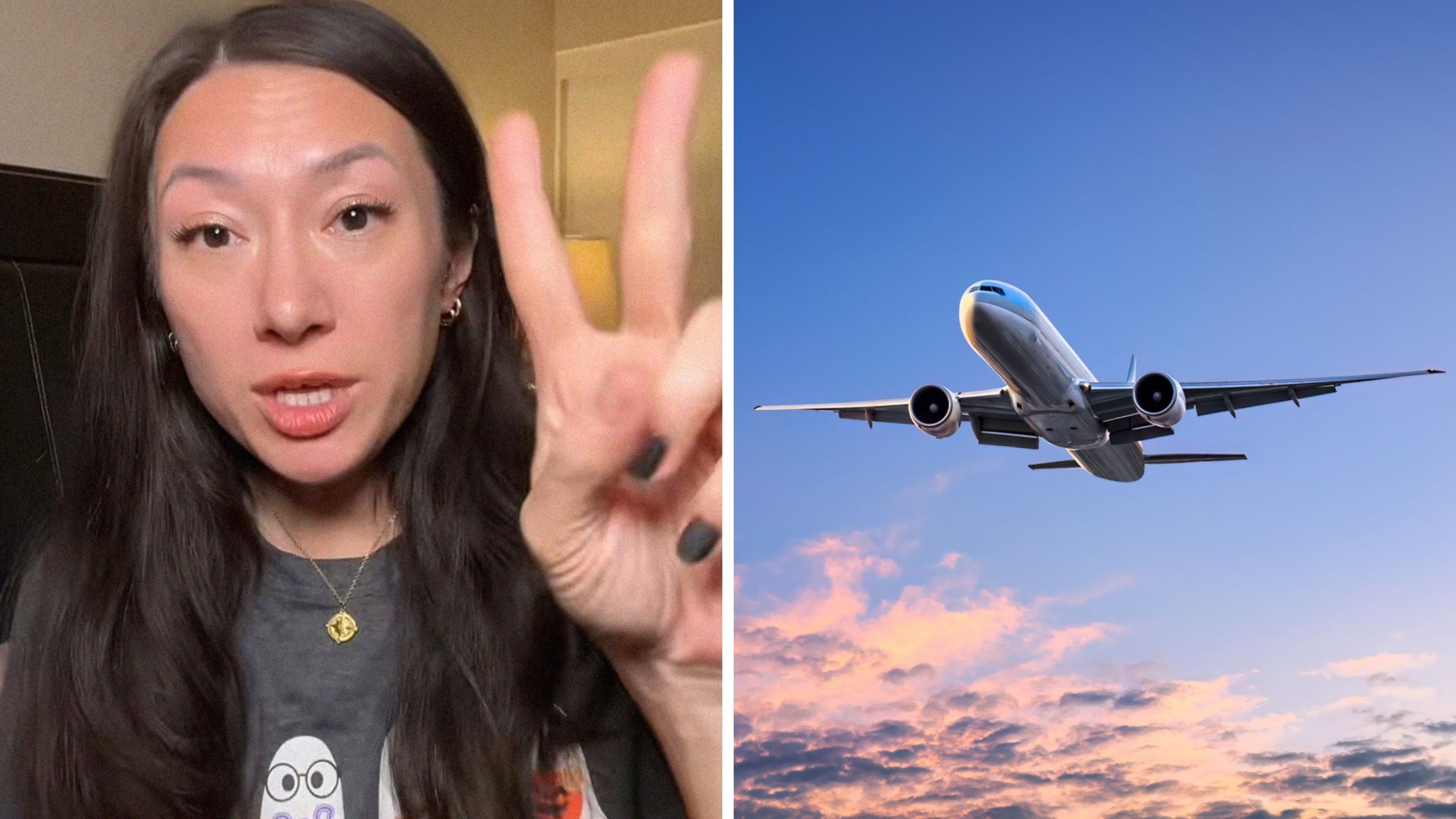 woman shares traveling tips (l) plane (r)