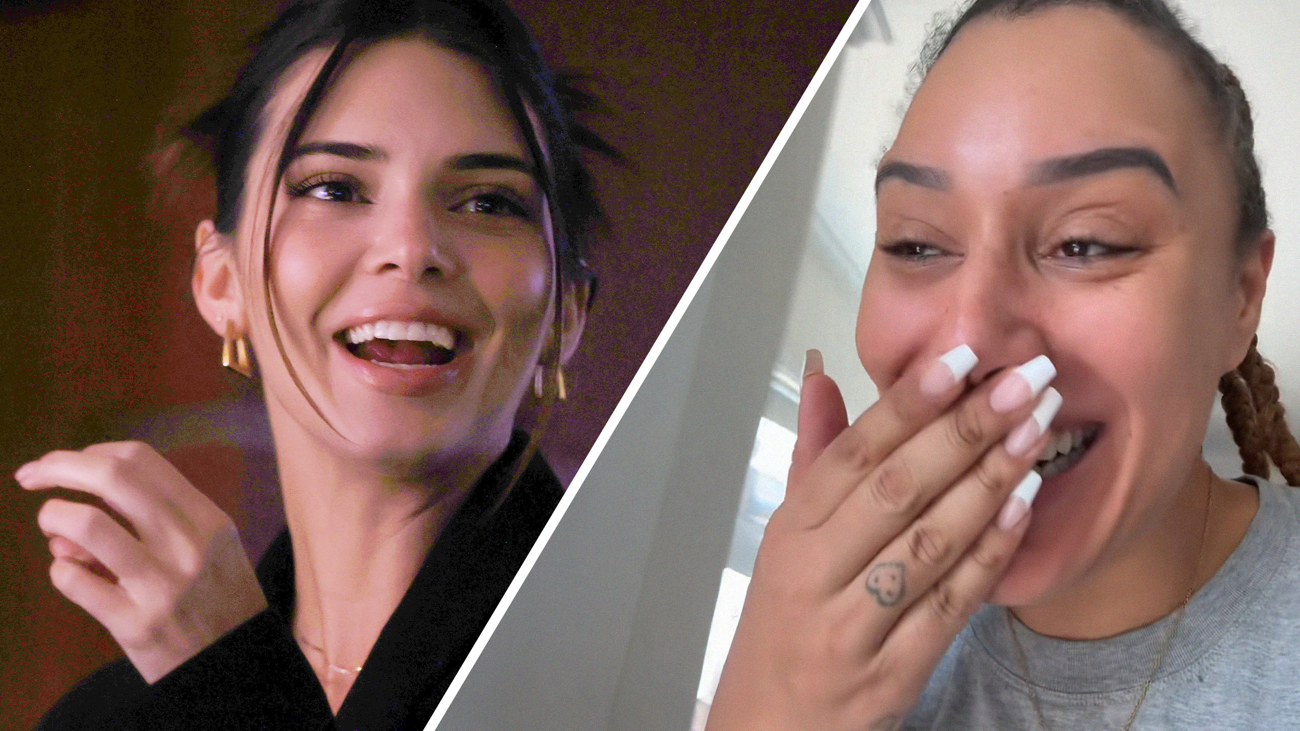 Kendall Jenner Laughing(l) Ben Simmons covering her mouth laughing(r)
