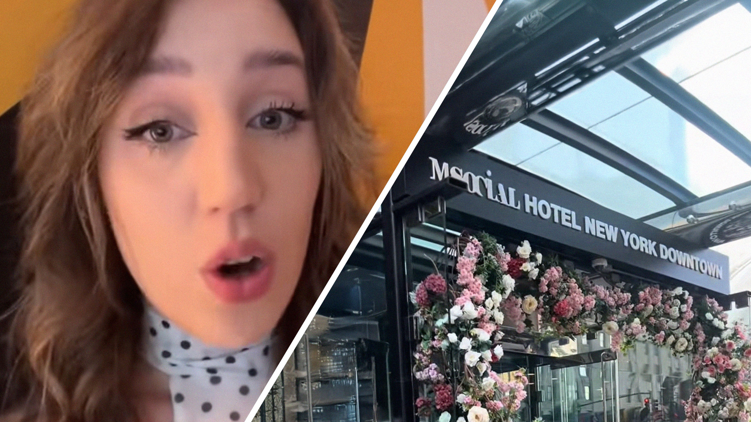 Close up of woman inside her hotel room(l) View of MSocial Hotel Entrance(r)