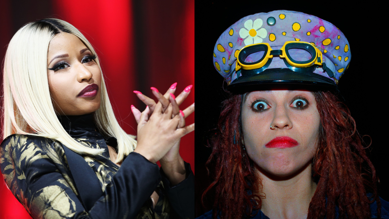 Nicki Minaj (L) and Linda Perry of the 4 Non Blondes (R) mashup of Beez in the Trap and What's Up What's Going On