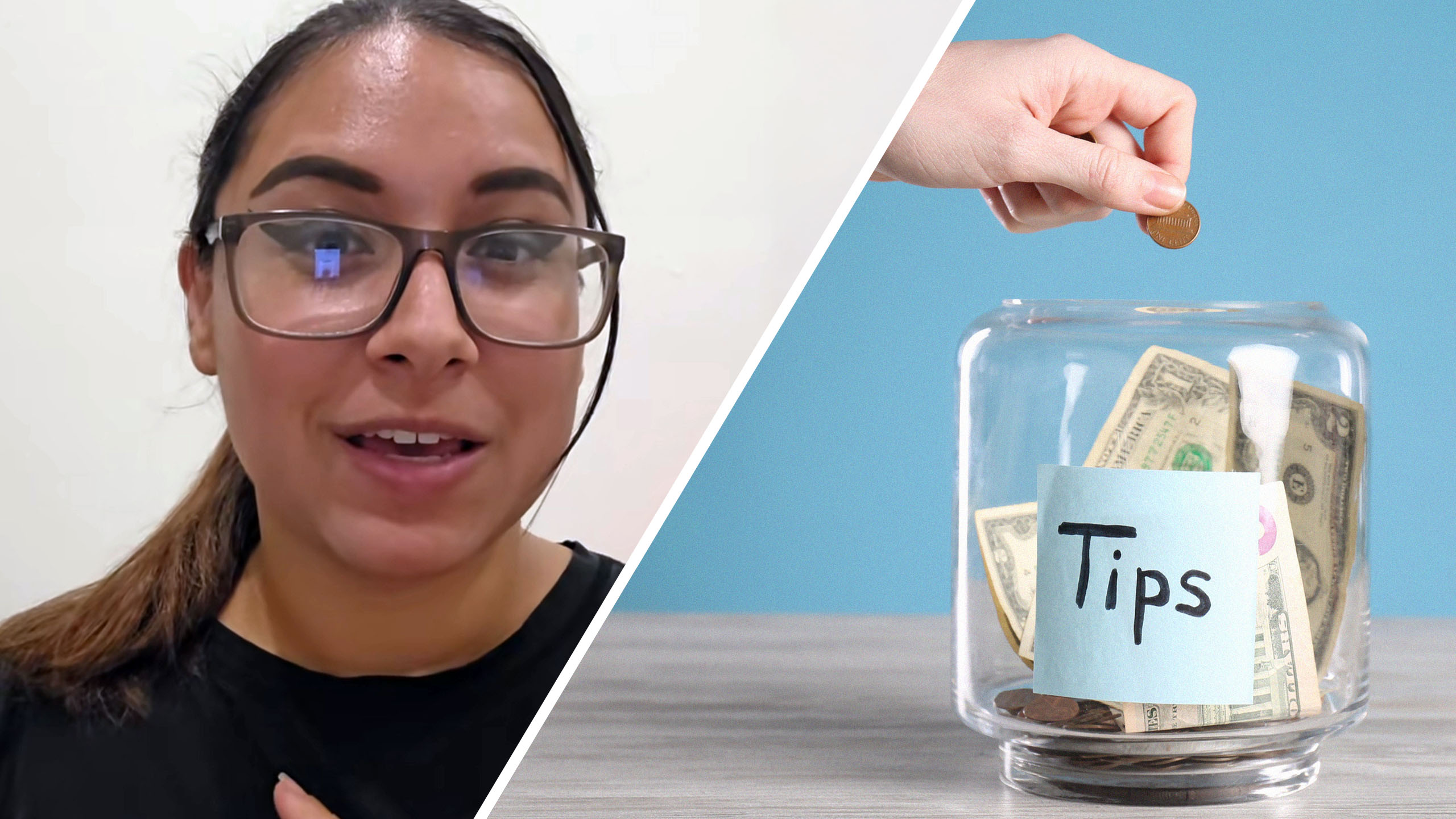 close up of woman wearing black shirt and glasses(l) View of someone putting a penny inside a tip jar(r)