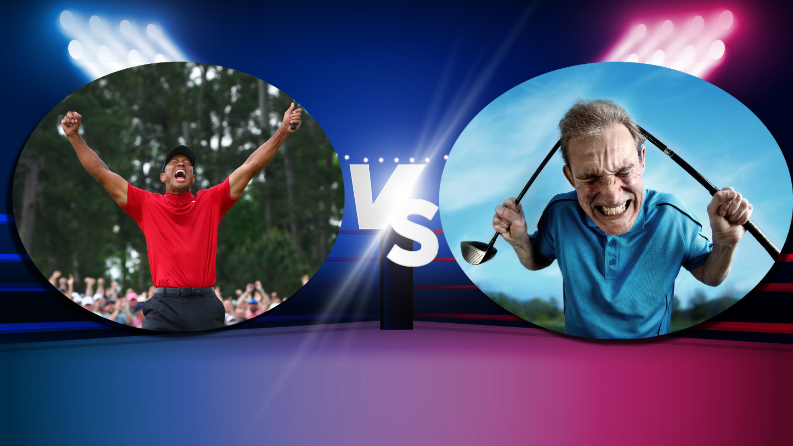 Tiger Woods versus an average golfer inside a boxing ring