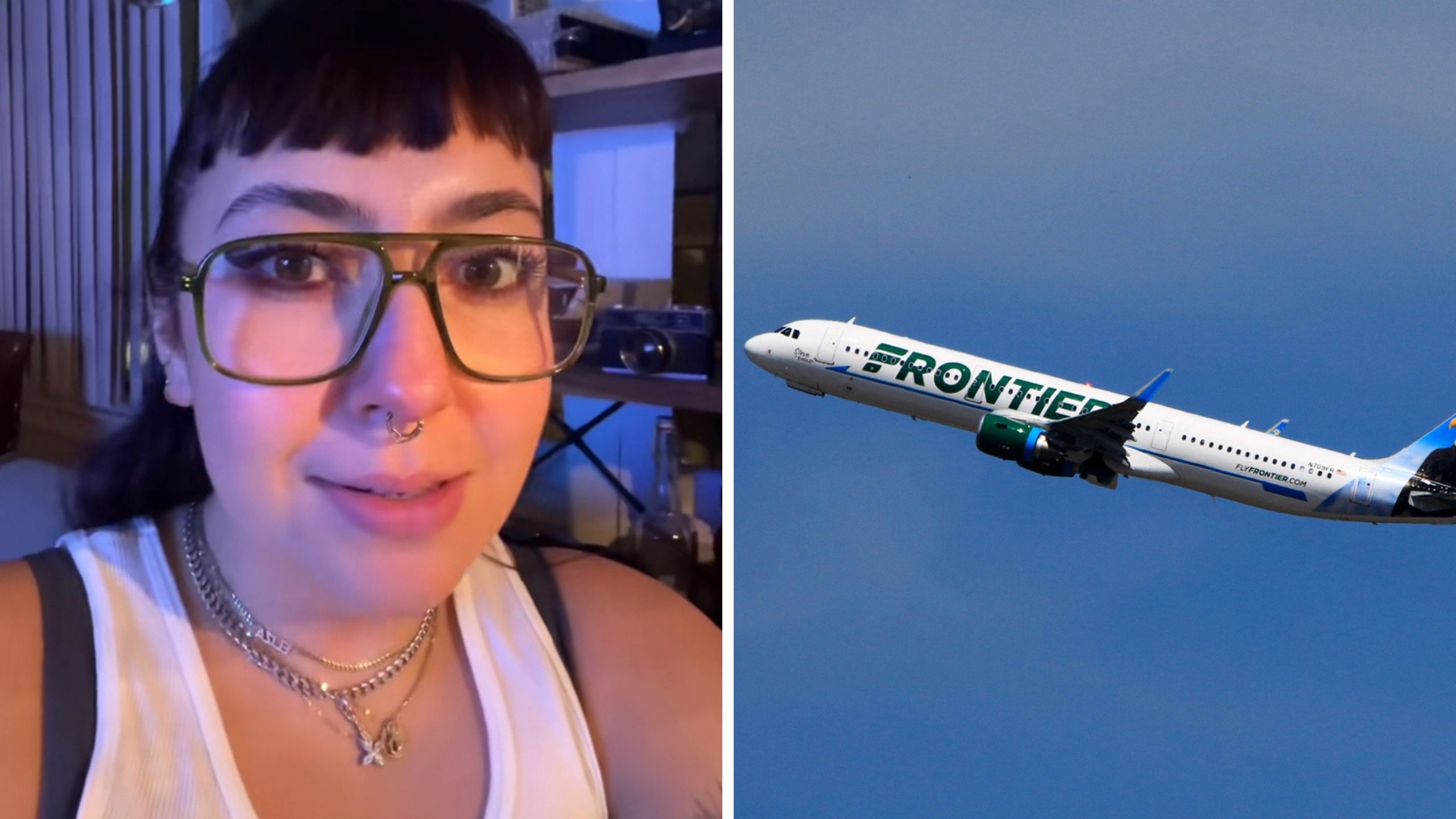 woman shares flight tips (l) frontier plane (r)