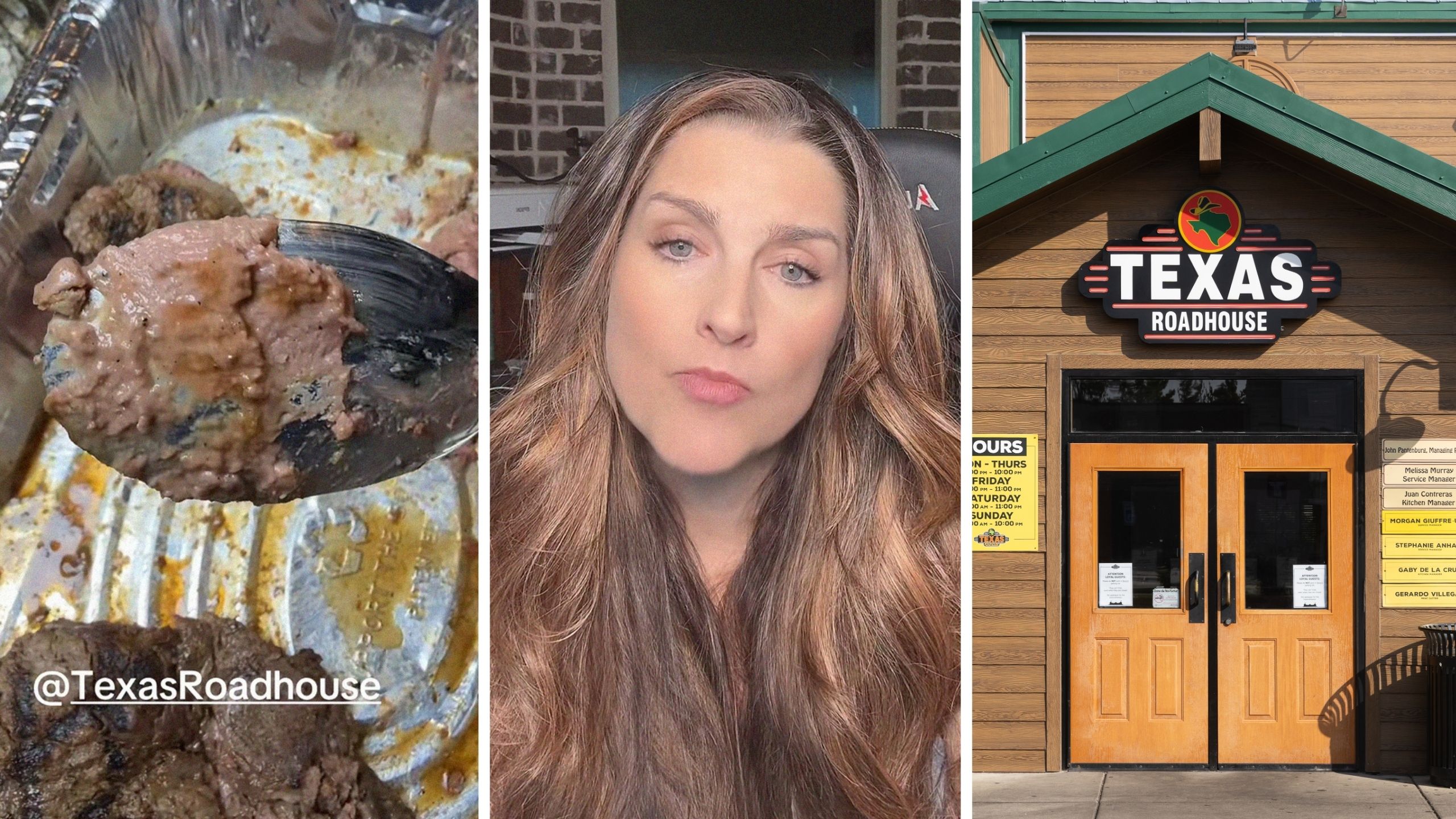 mushy meat (l) woman shares take out experience (c) texas roadhouse entrance (r)