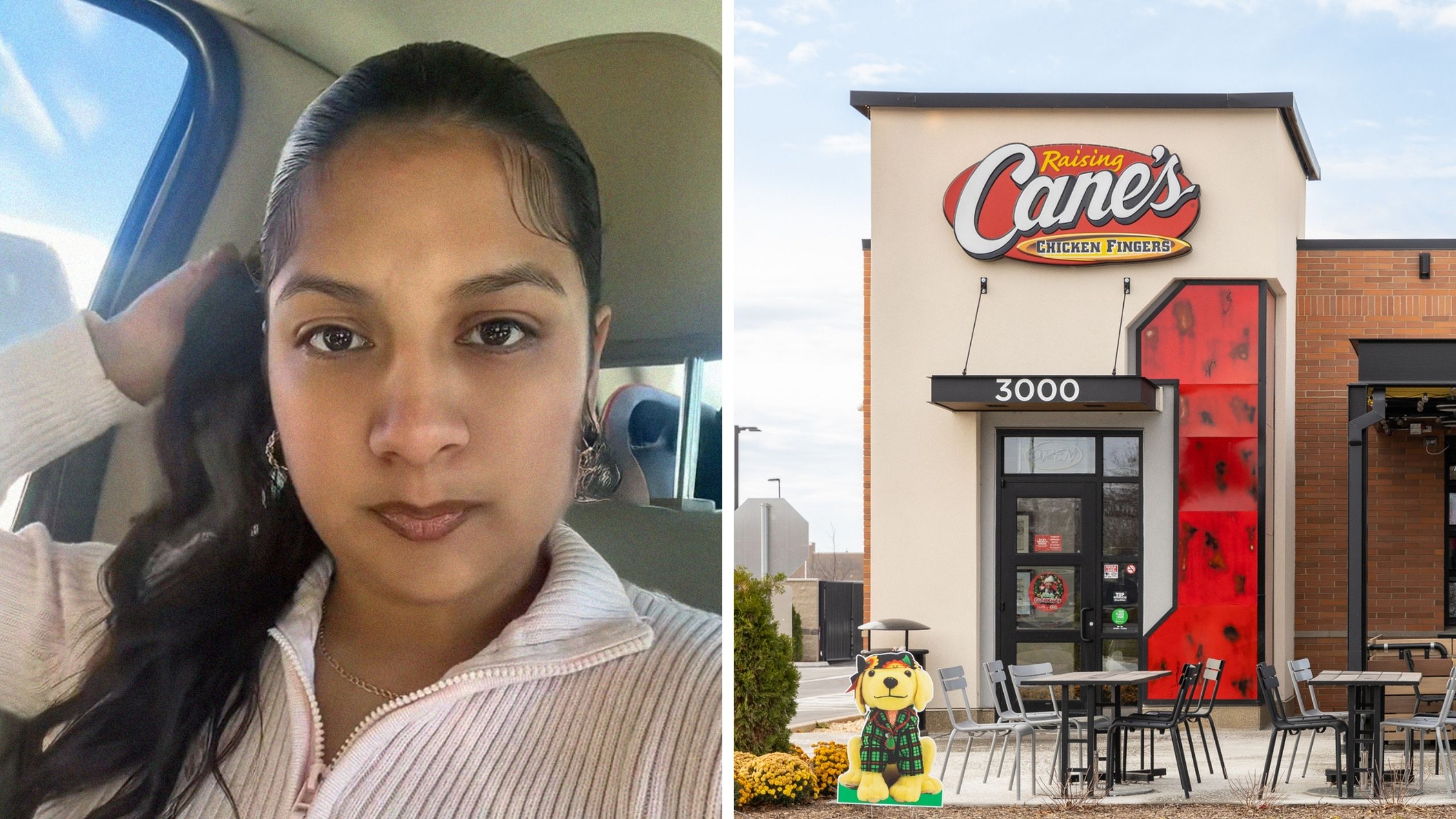 woman shares drive thru experience (l) raising canes food chain (r)