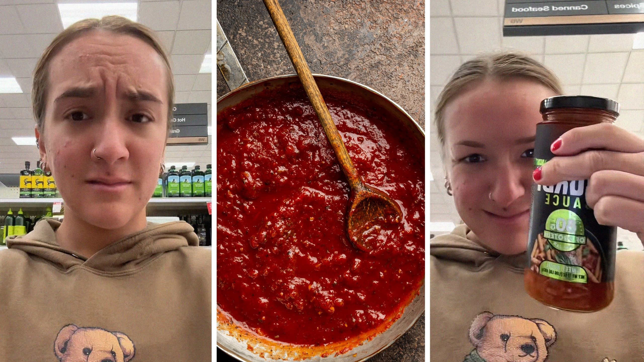 woman shares shopping encounter (l) pasta sauce (c) woman holding jar (r)