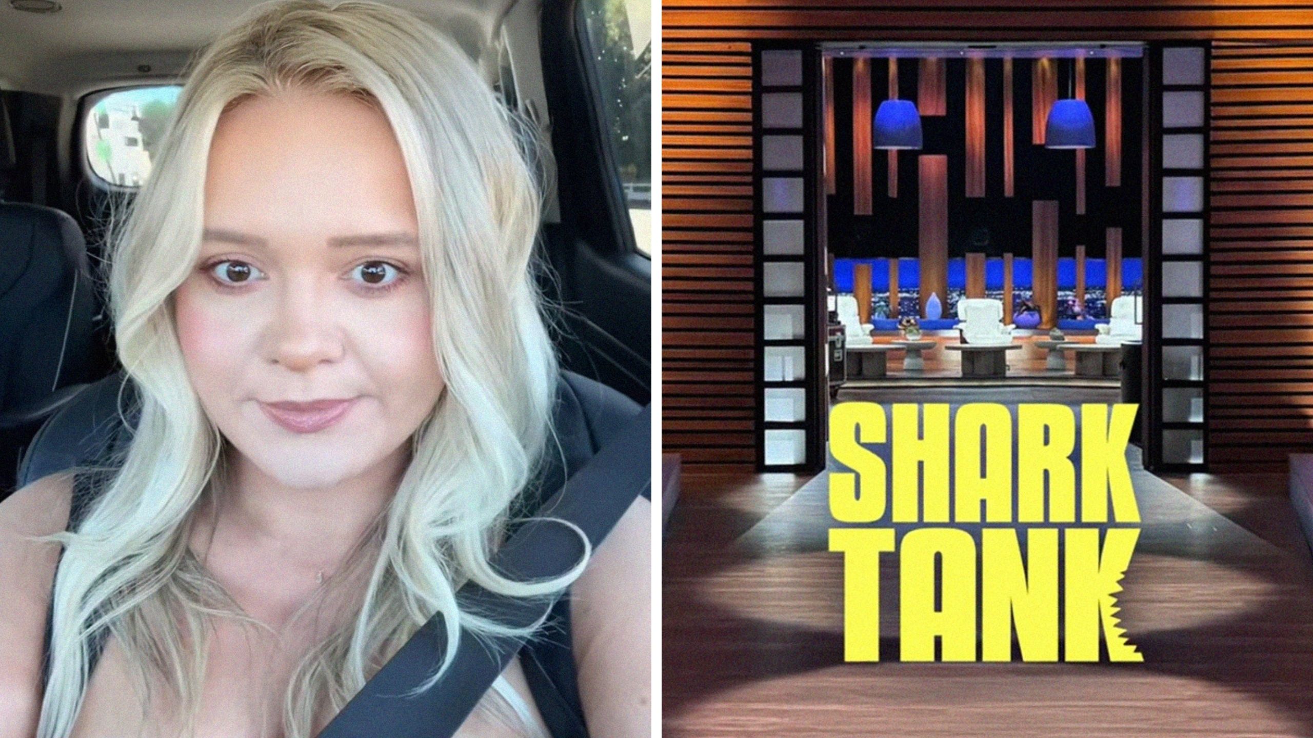 woman shares shark tank show issue (l) shark tank show logo and setting (r)