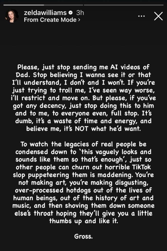 Zelda Williams criticizes Robin Williams AI videos