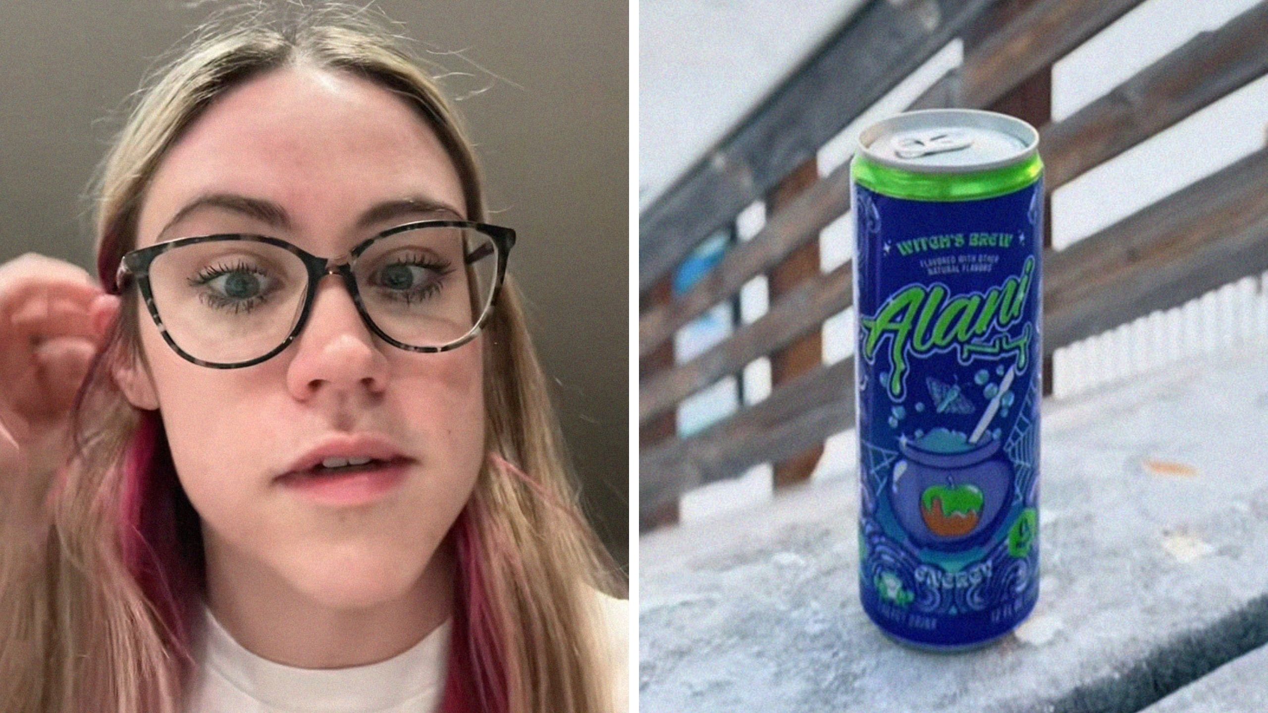 woman shares drink purchase (l) alani energy drink (r)