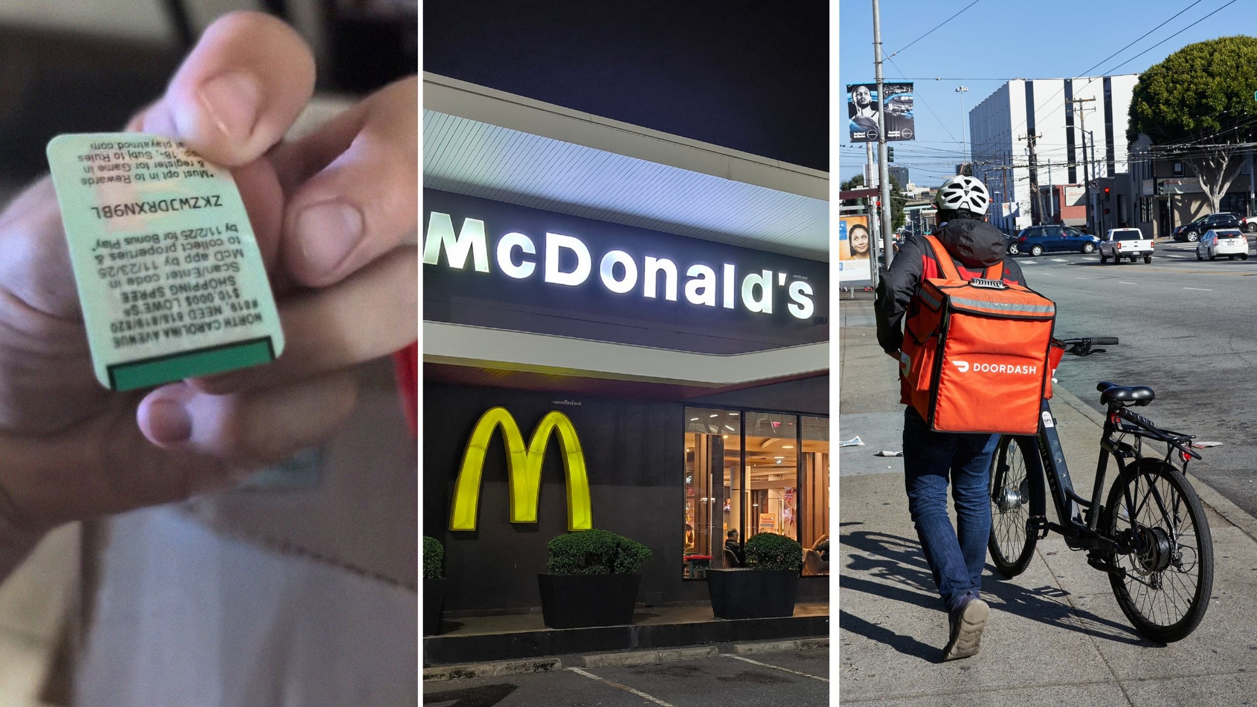 monopoly sticker (l) Mcdonalds entrance (c) doordash worker (r)