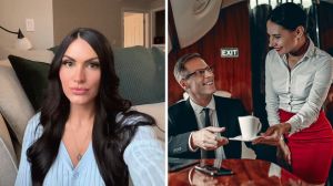 woman shares job issues (l) man and flight attendant in first class area (r)