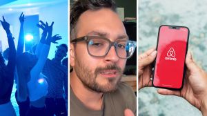 house party (l) man shares air bnb issue (c) air bnb app (r)