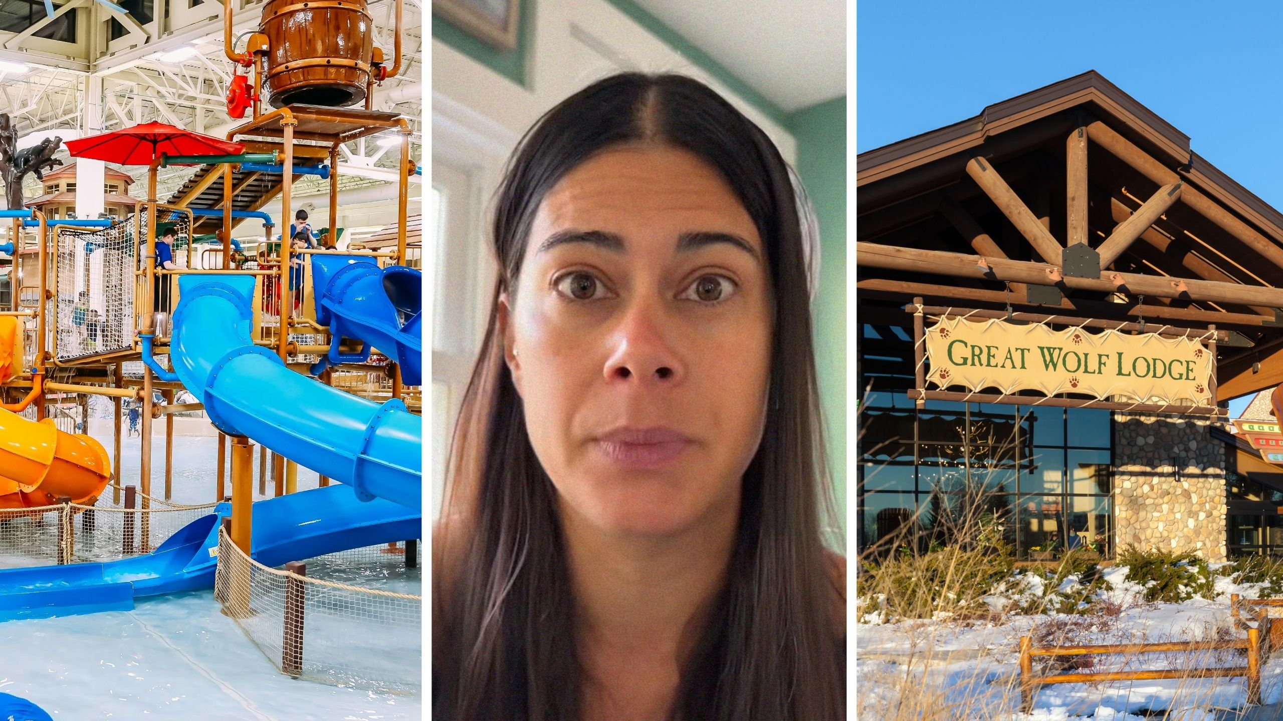 water park (l) woman shares great wolf experience (c) great wolf lodge entrance (r)