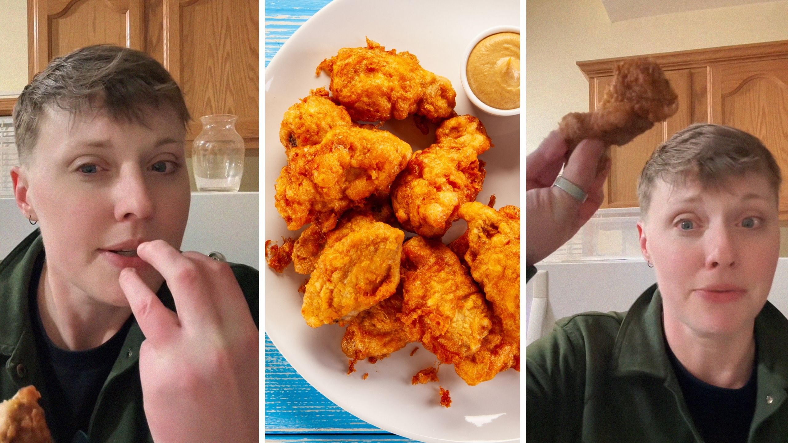 woman shares food purchase (l) fried chicken wings (c) woman shares her chicken issue (r)