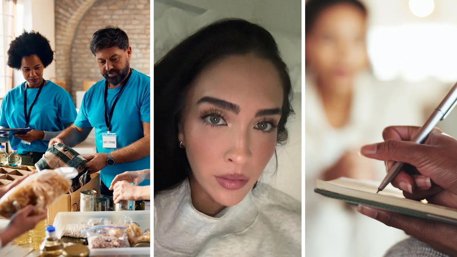 persons helping at a charity gala (l) woman shares dating life issues (c) woman speaking with her therapist (r)