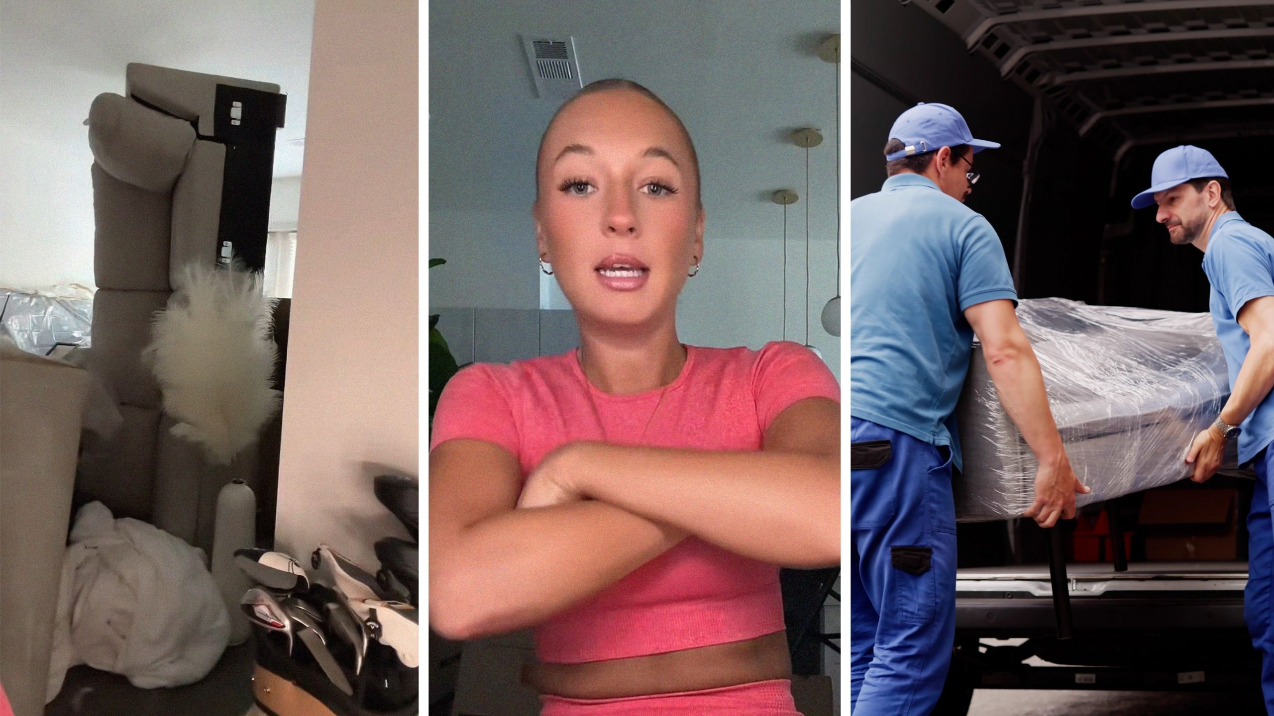 broken couch (l) woman shares movers experience (c) movers packing items (r)