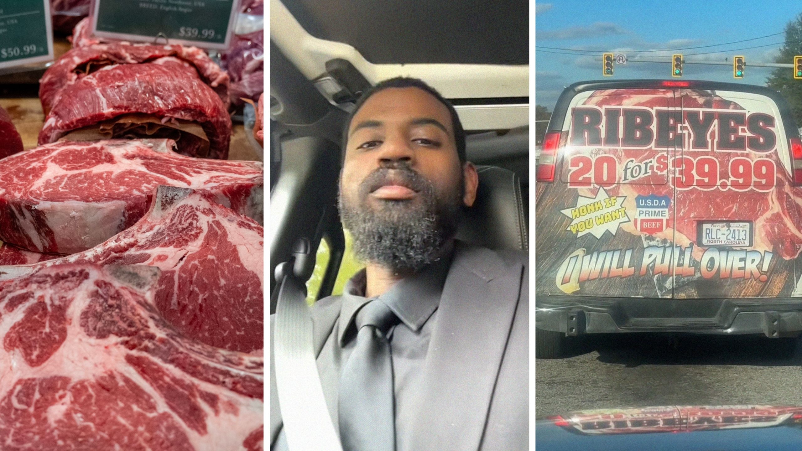 fresh meat (l) man shows driving encounter (c) meat truck (r)