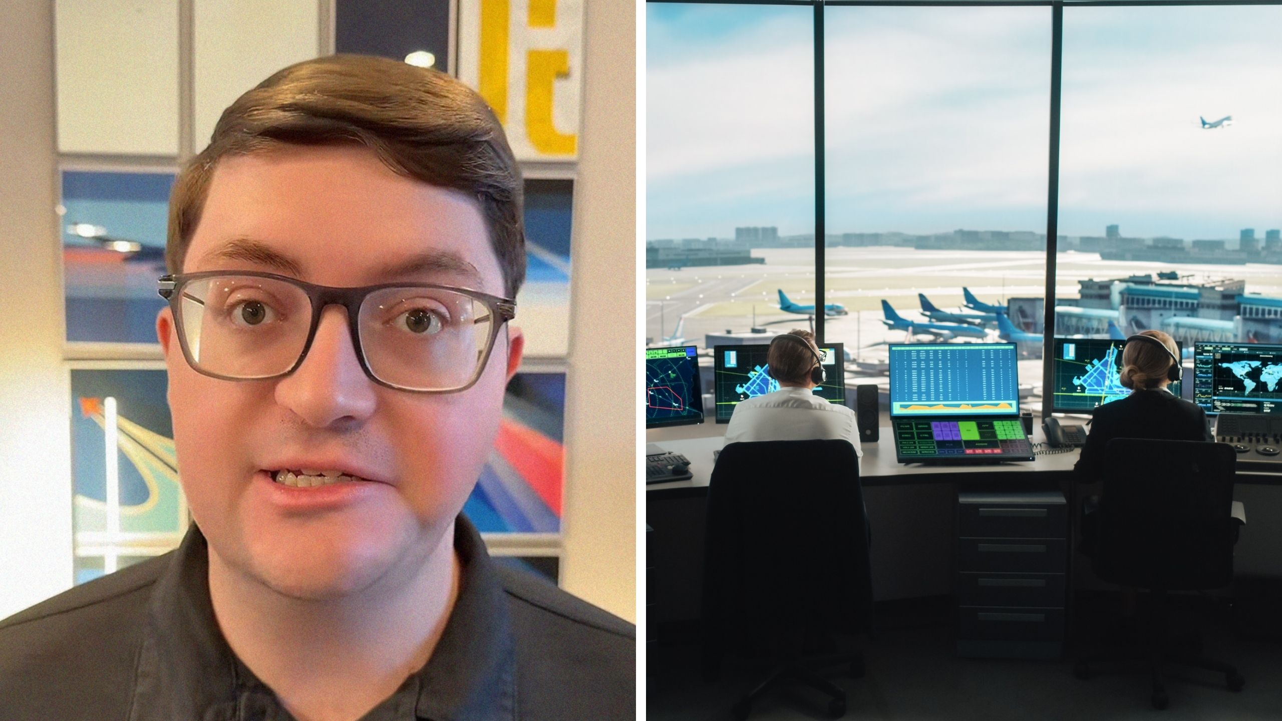 man shares air controllers information (l) air controllers (r)