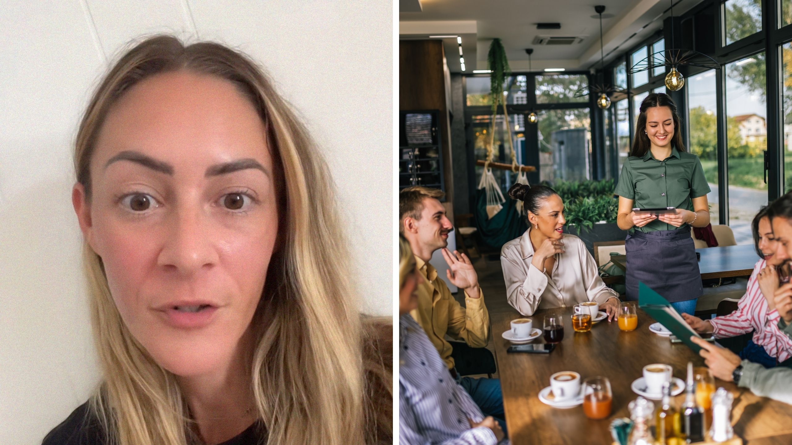 woman shares work and customer experience (l) worker speaking to guests (r)