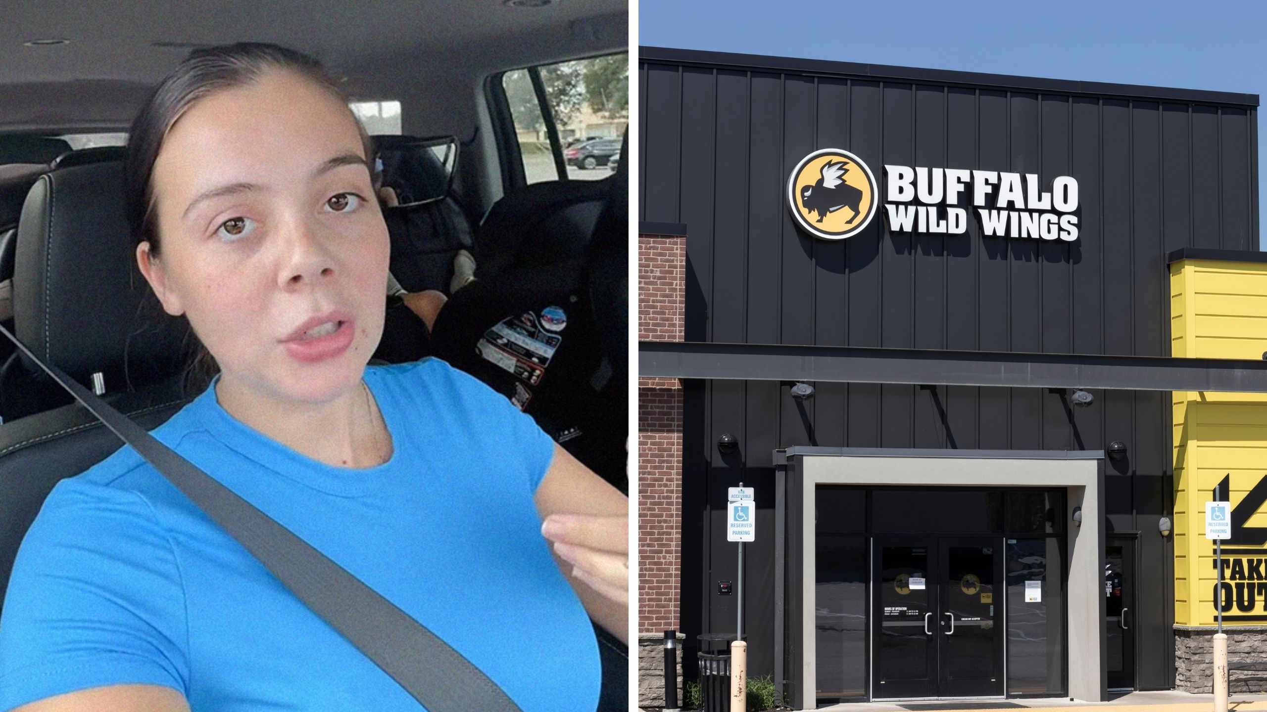 woman shares eating out experience (l) buffalo wild wings entrance (r)