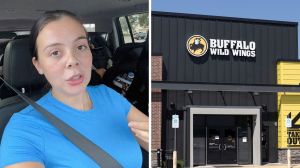 woman shares eating out experience (l) buffalo wild wings entrance (r)