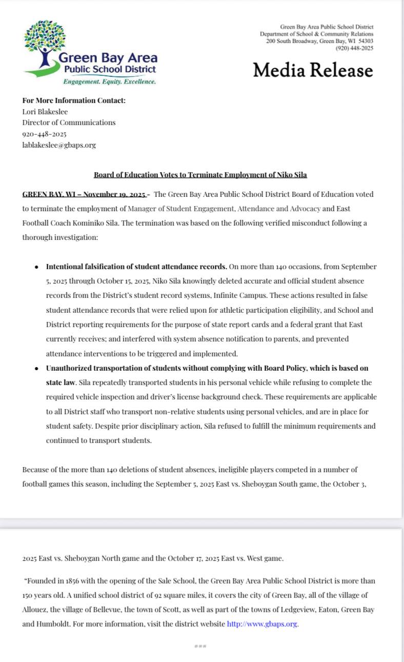 Green Bay East Football Coach Niko Sila Fired