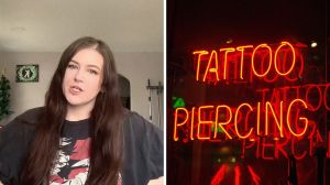 woman shares work experience (l) tattoo and piercing shop (r)