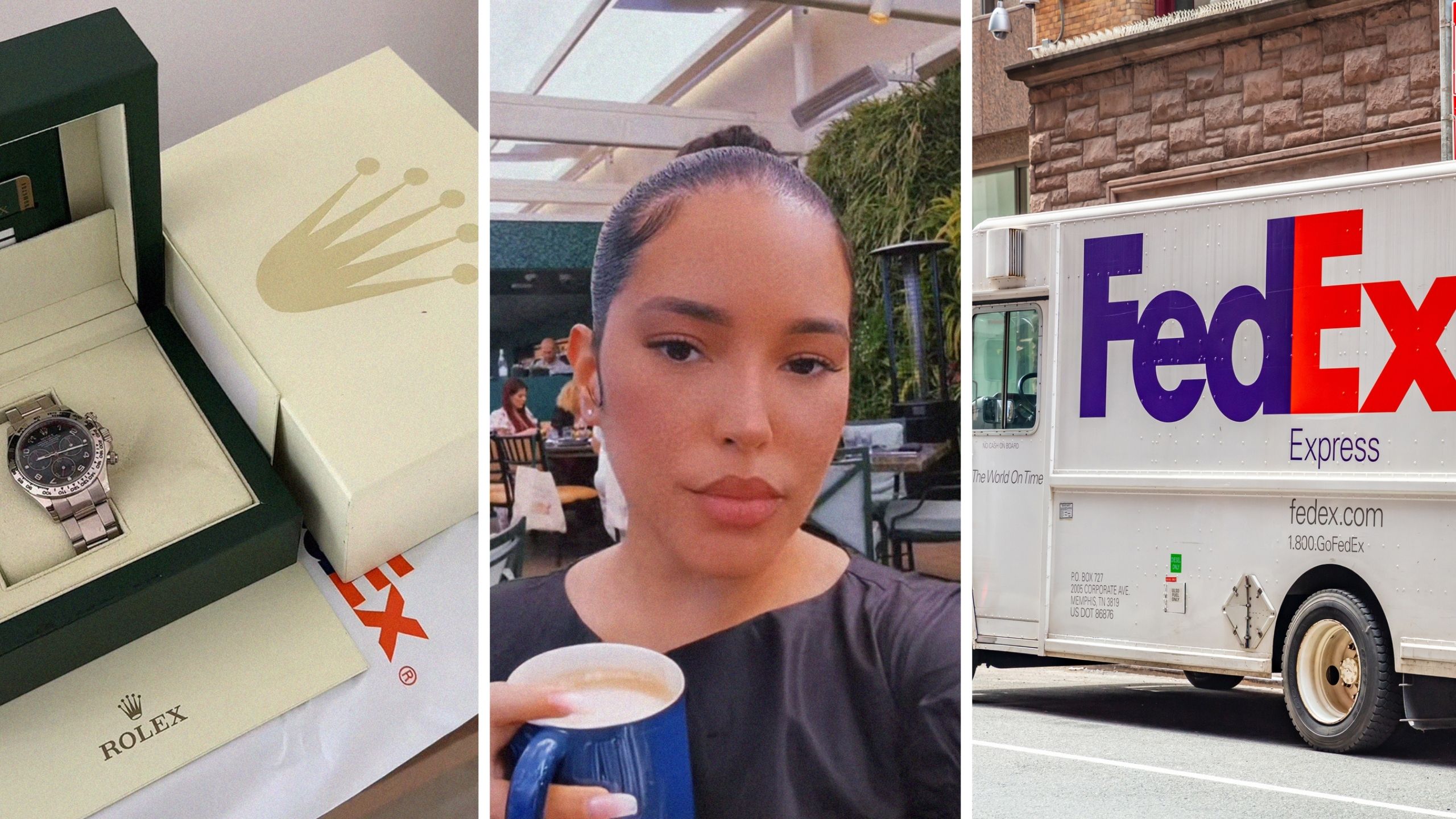rolex package (l) woman shares package she gets (c) fedex delivery truck (r)