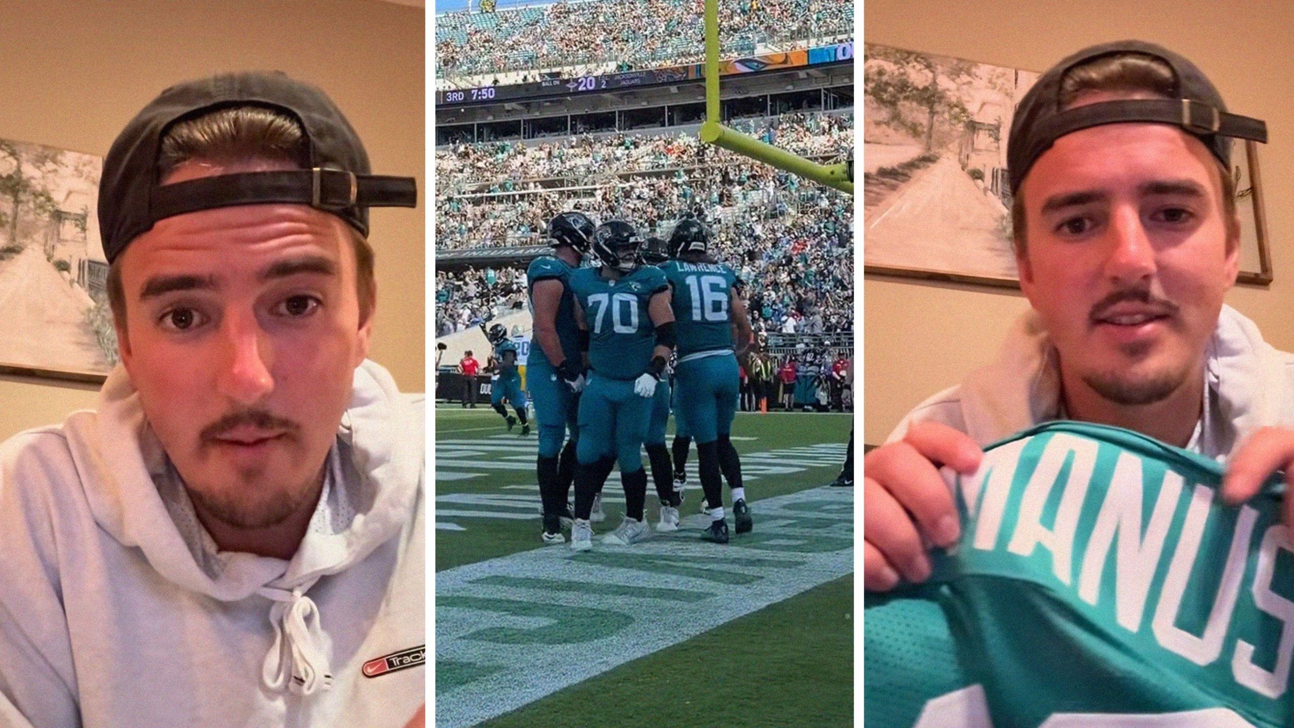 man shares purchase issue (l) jaguars game (c) man holding up jersey he purchased (r)