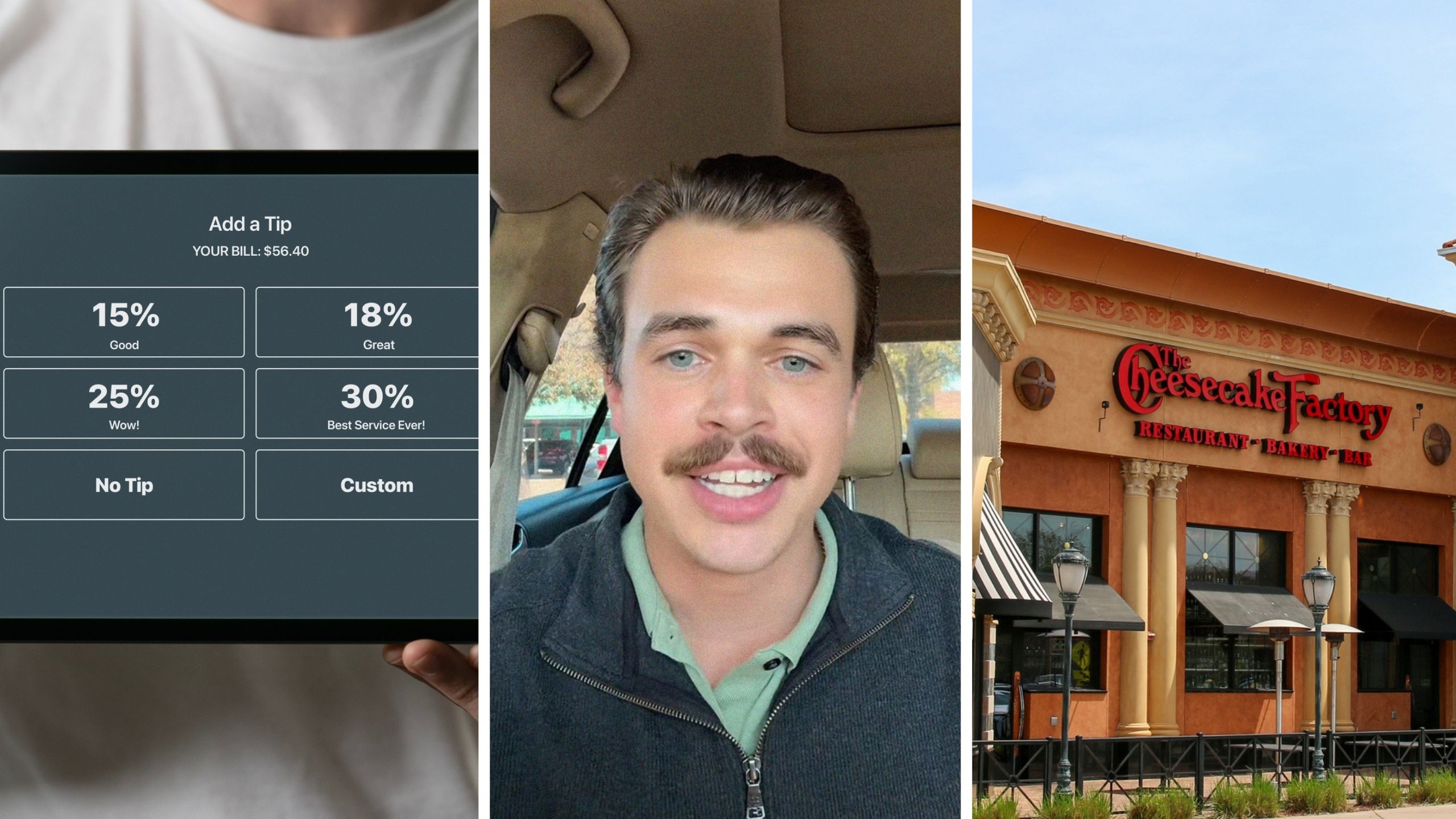 tablet to insert tip (l) man shares eatting out experience (c) cheesecake factory entrance (r)